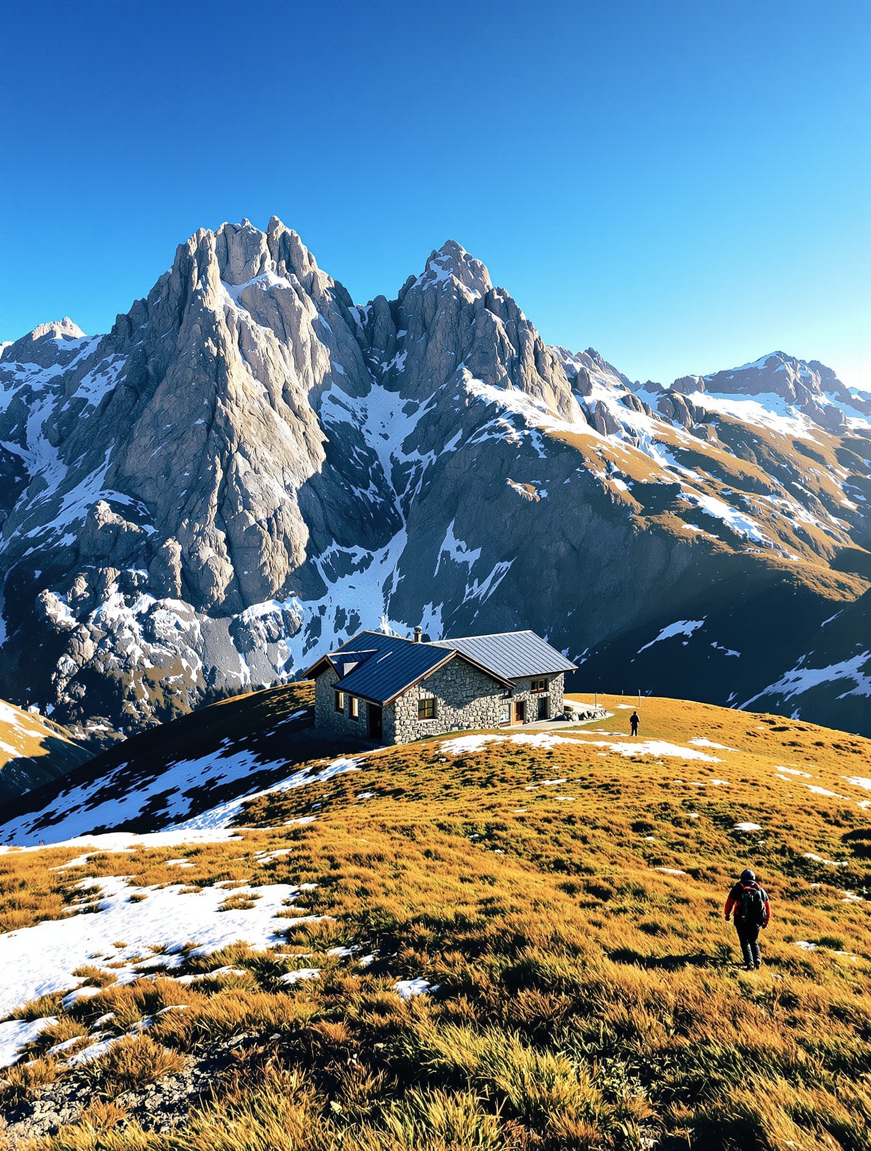 Refuge d'altitude typique en Vanoise baigné par une lumière rasante du matin.