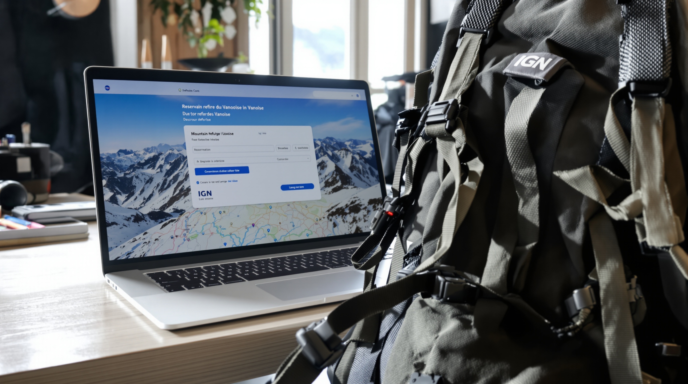 Réservation en ligne d'un refuge Vanoise, carte IGN et sac à dos technique.