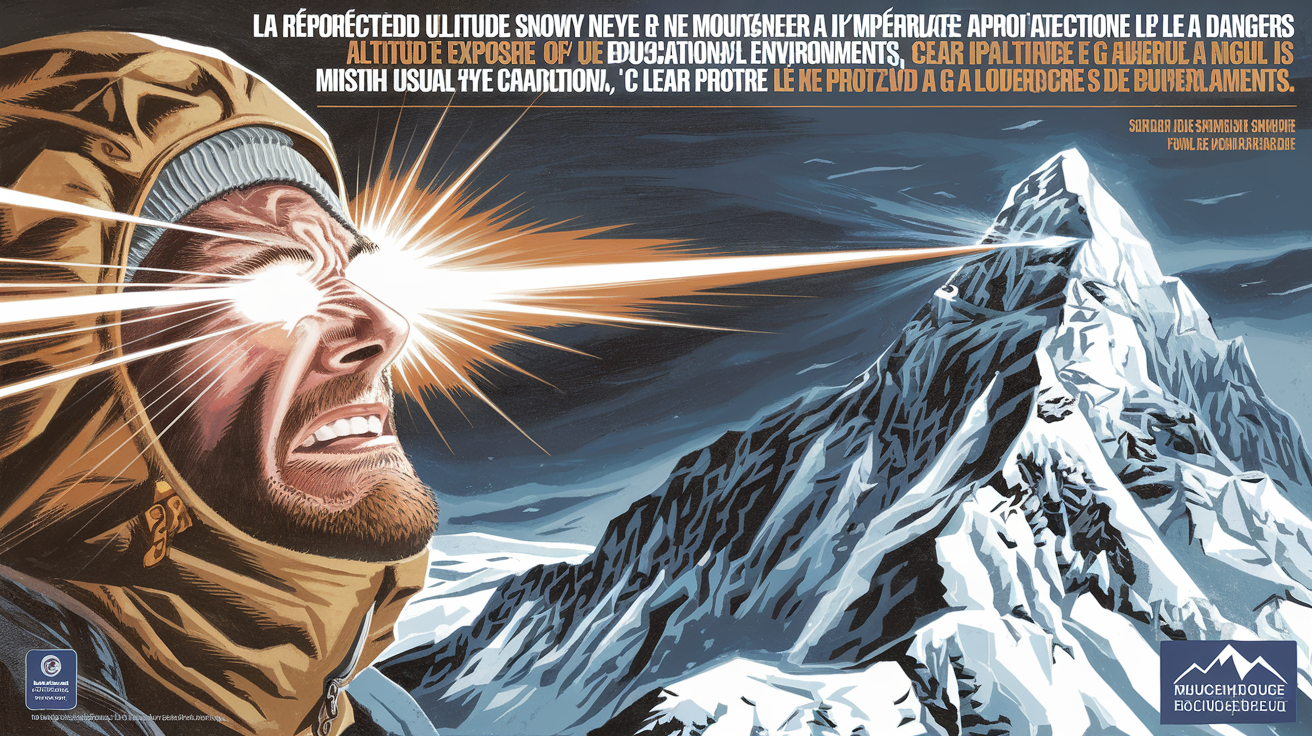 Réverbération extrême du soleil sur neige en haute montagne mettant en évidence le risque UV sans protection oculaire adéquate.