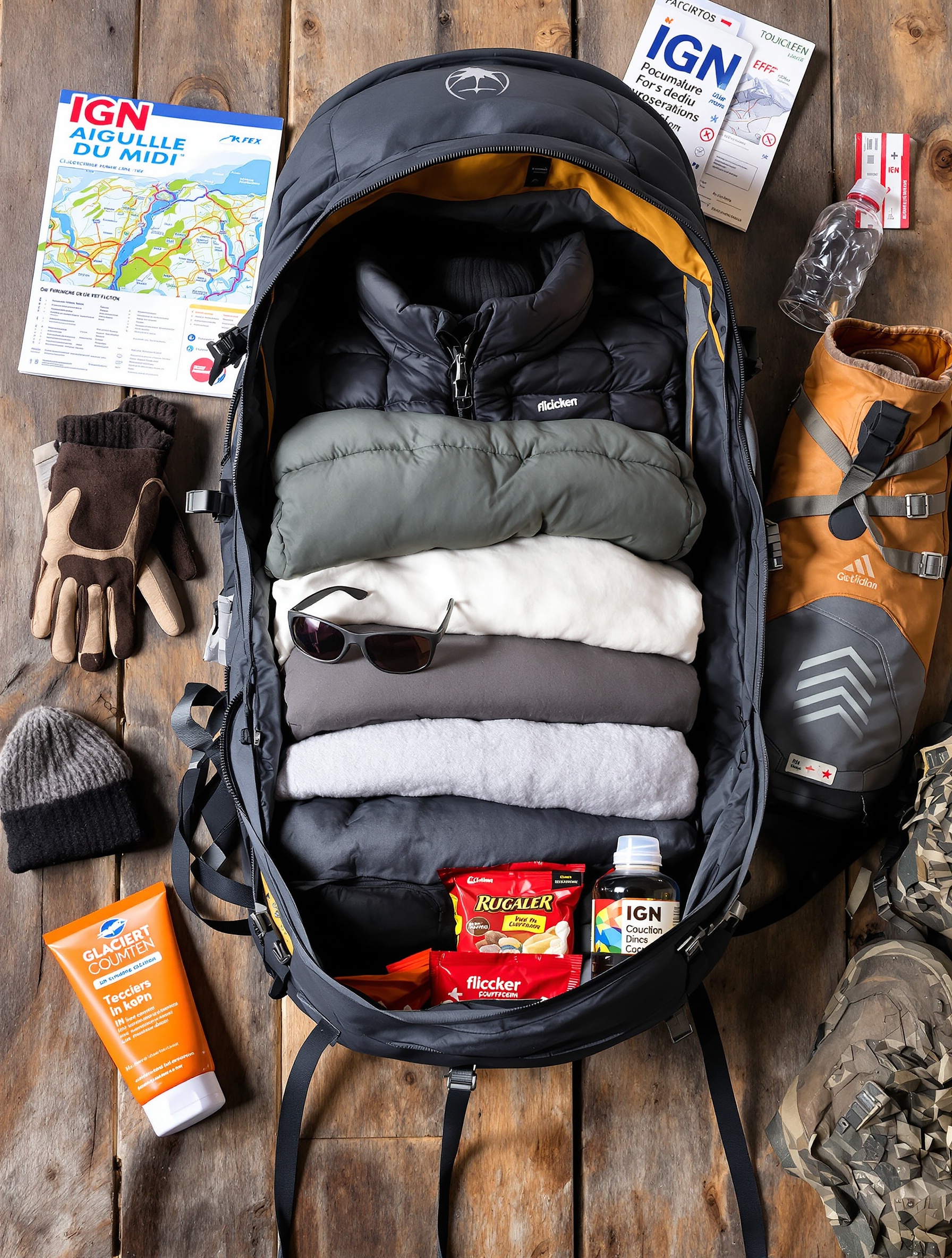 Équipement indispensable pour l'Aiguille du Midi : vêtements chauds superposés, lunettes glacier, crème solaire, encas et chaussures solides dans un vrai sac d'alpinisme.