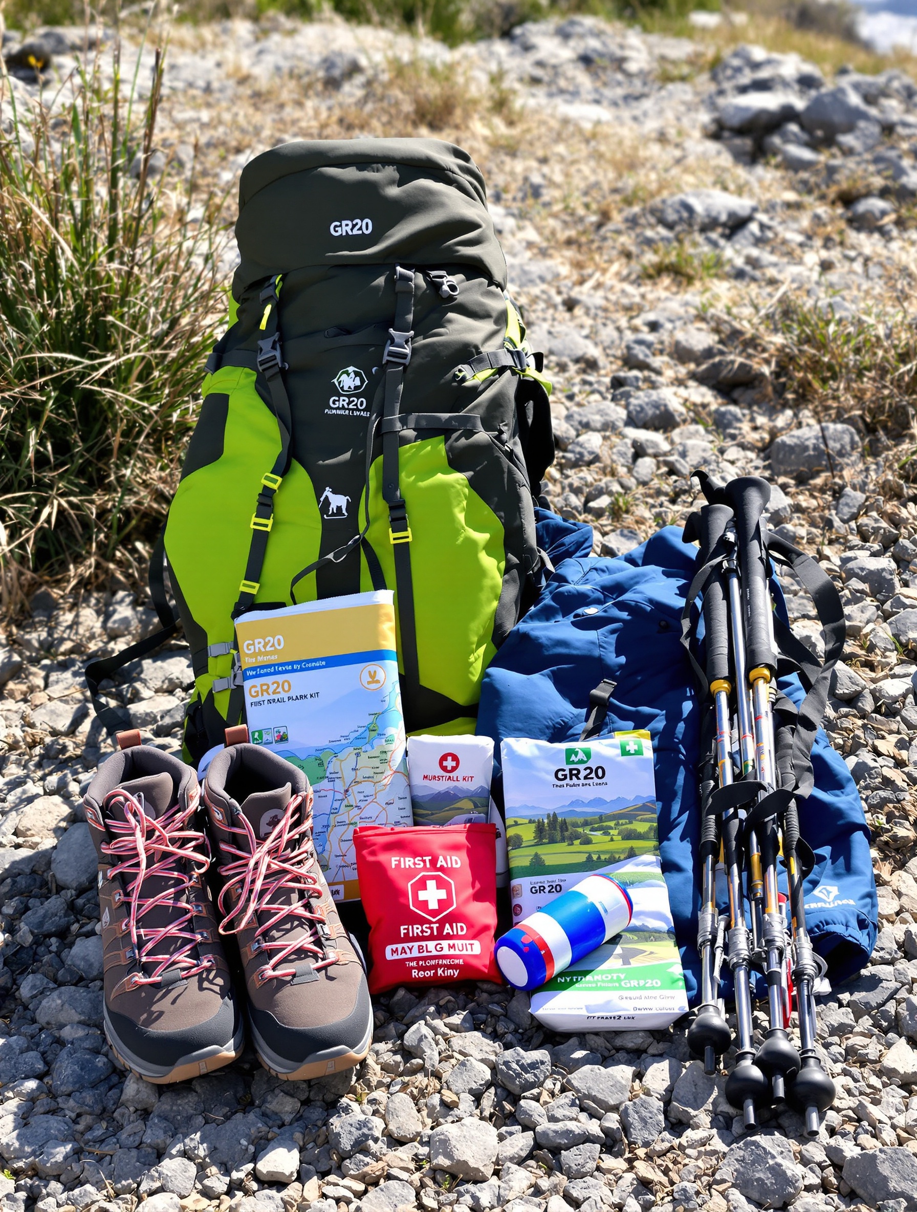 Un sac à dos de randonnée pour le GR20 posé au sol, avec le matériel essentiel soigneusement étalé à côté : chaussures de marche robustes, veste imperméable, carte topographique, bâtons de marche et trousse de premiers secours.