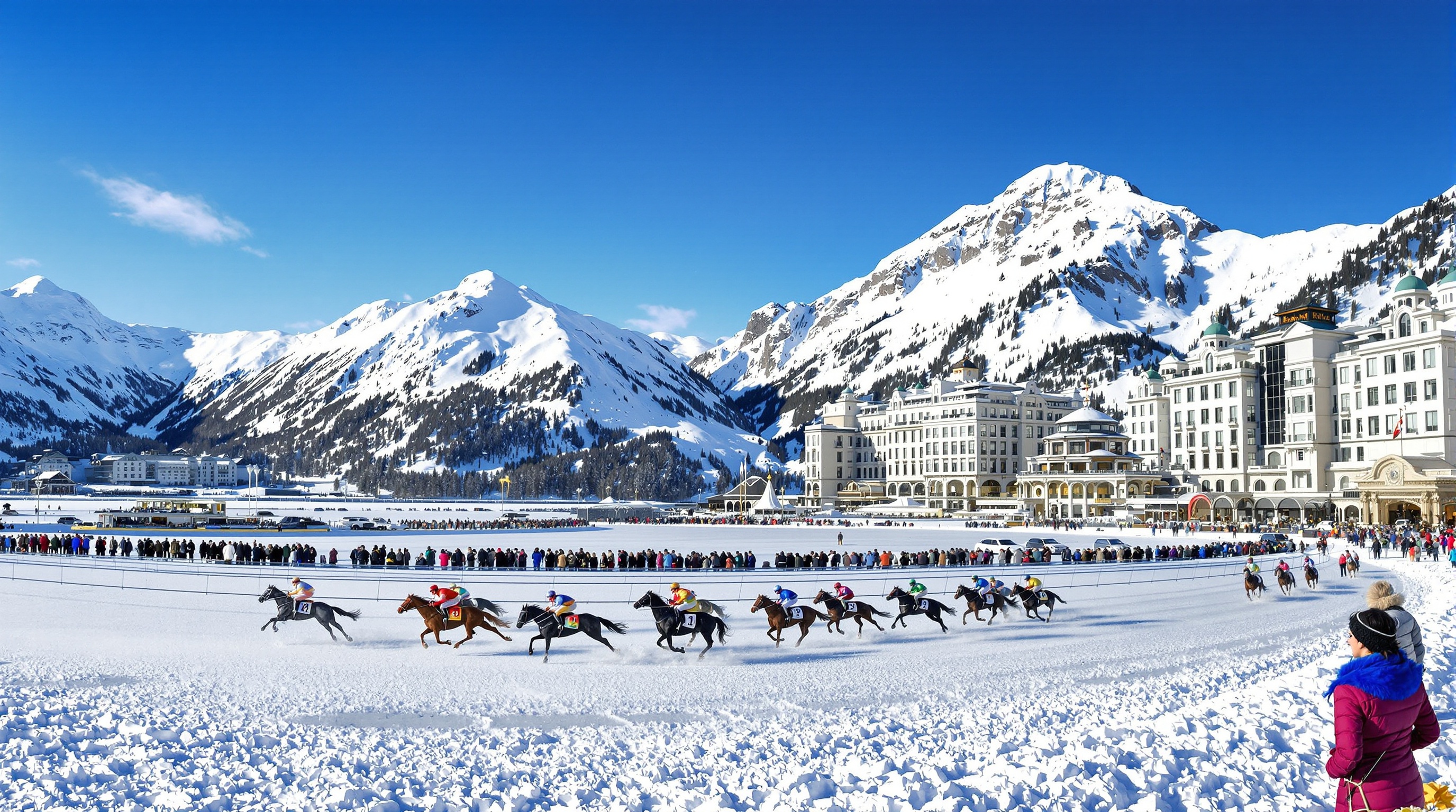 Saint-Moritz Suisse luxe lac gelé White Turf chevaux foule sophistiquée