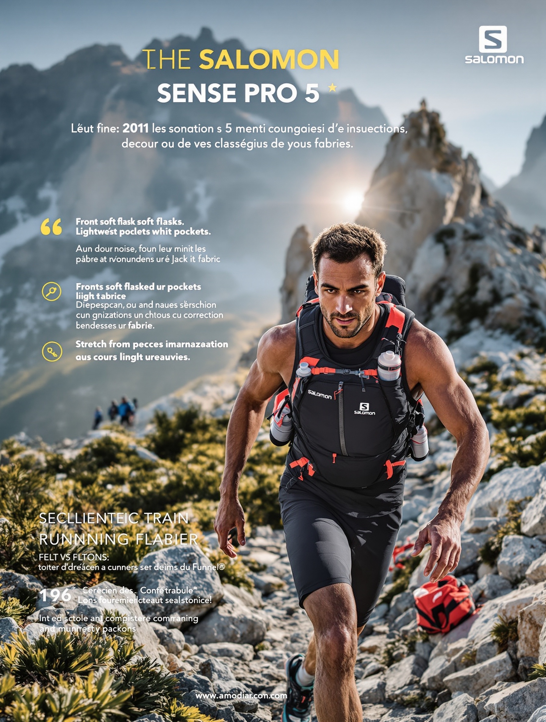 Salomon Sense Pro 5 porté par un coureur dans un environnement de trail alpin, vue sur les flasques et tissu stretch