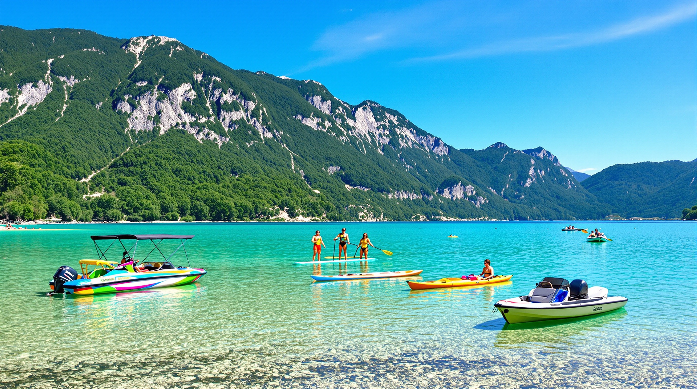 Location de pédalo, paddle, kayak et bateau électrique sur le lac d'Aiguebelette, ambiance estivale et paisible