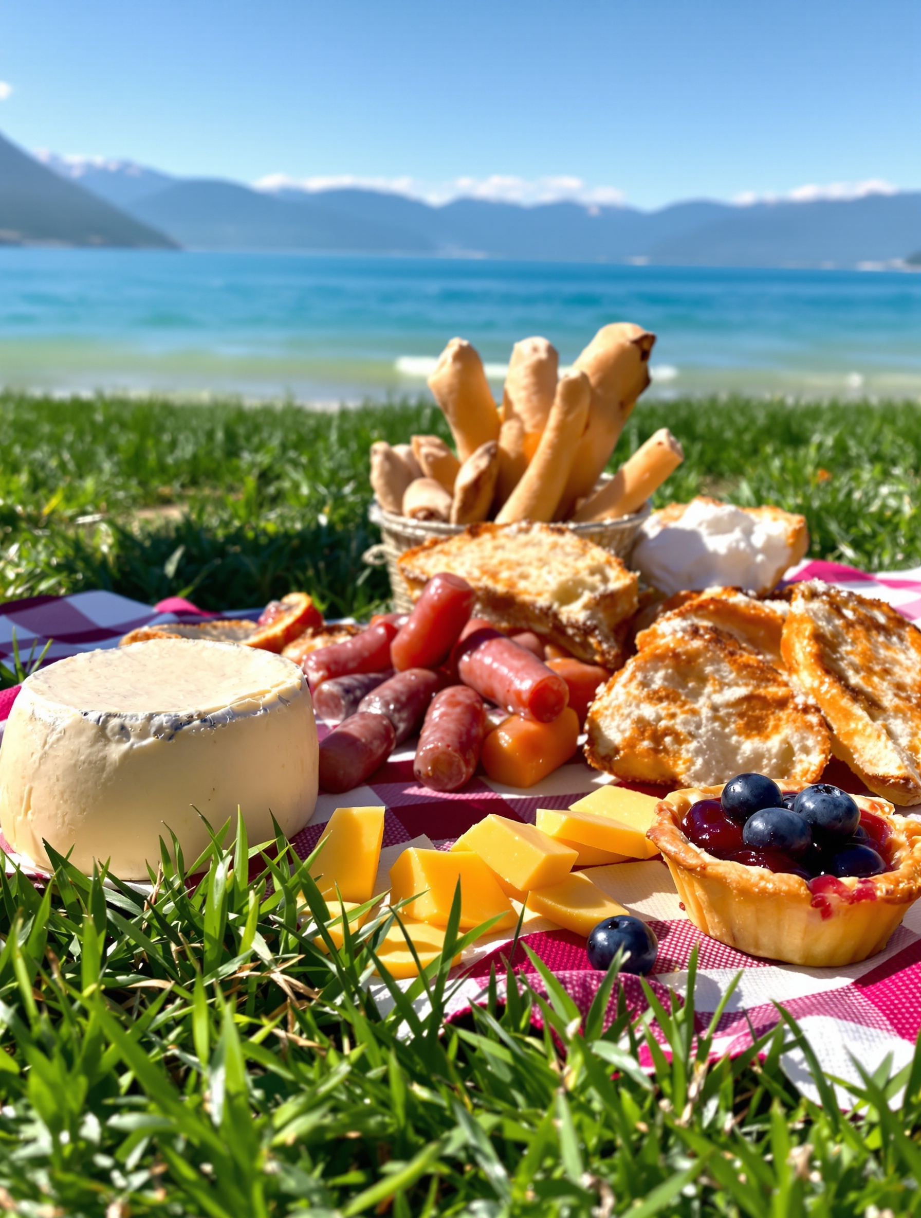 Pique-nique savoyard au bord du Lac du Bourget avec tomme, saucisson et tartelette aux myrtilles sur nappe en herbe, ambiance estivale décontractée.