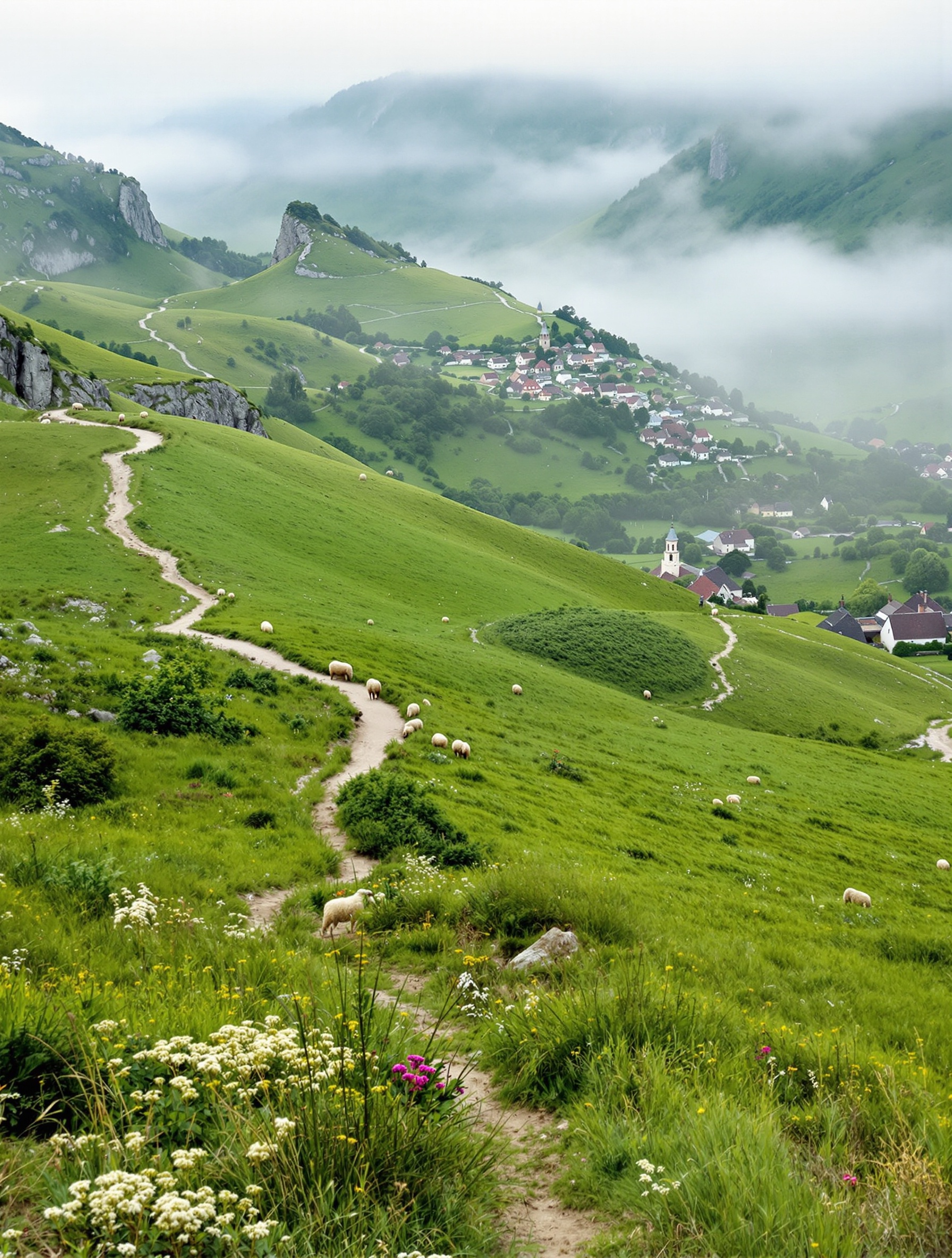 Sentier du GR10 dans le Pays Basque avec village typique sous la brume