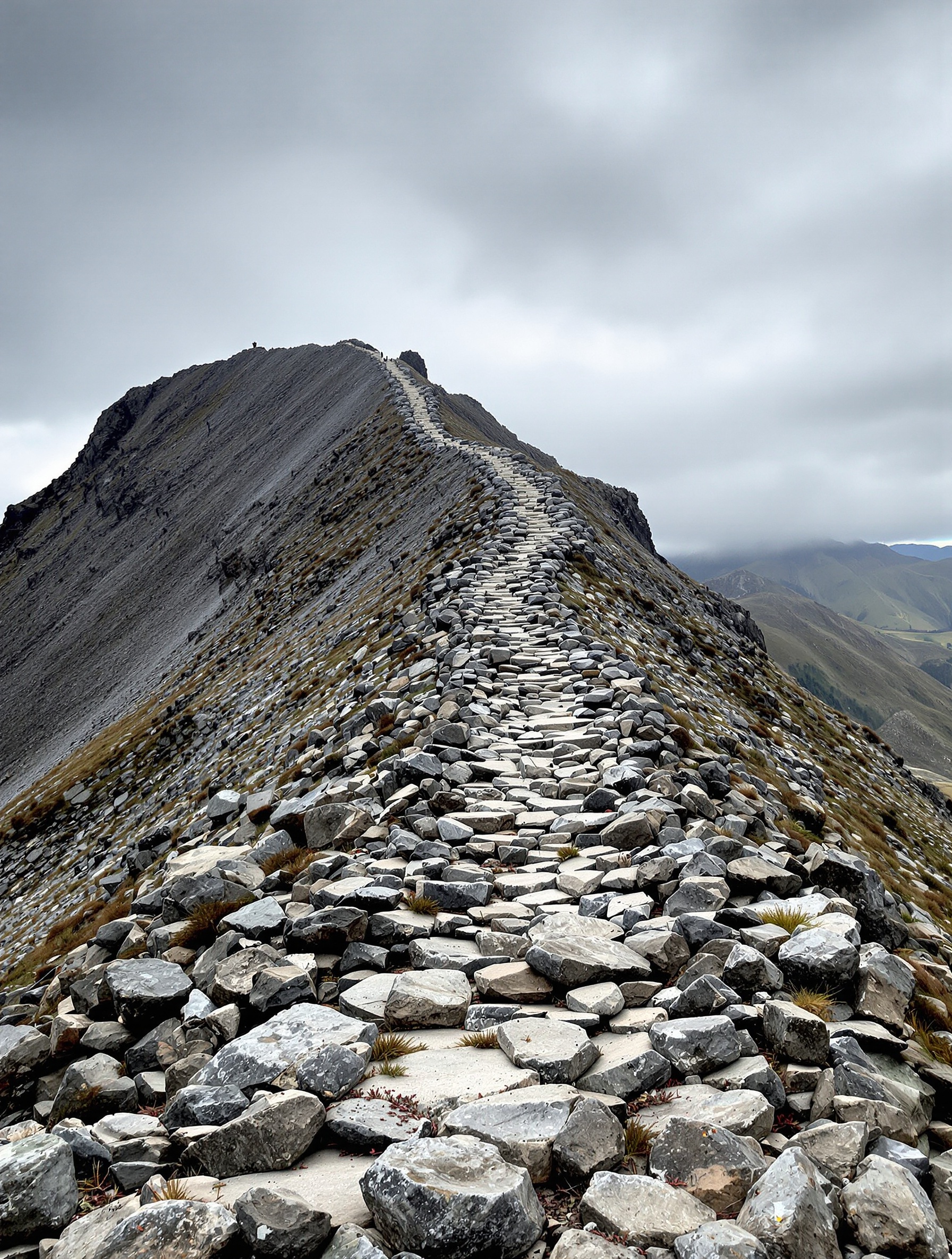Un sentier de montagne escarpé traversant une zone rocailleuse, symbolisant les difficultés du passage de la frontière pour les migrants.