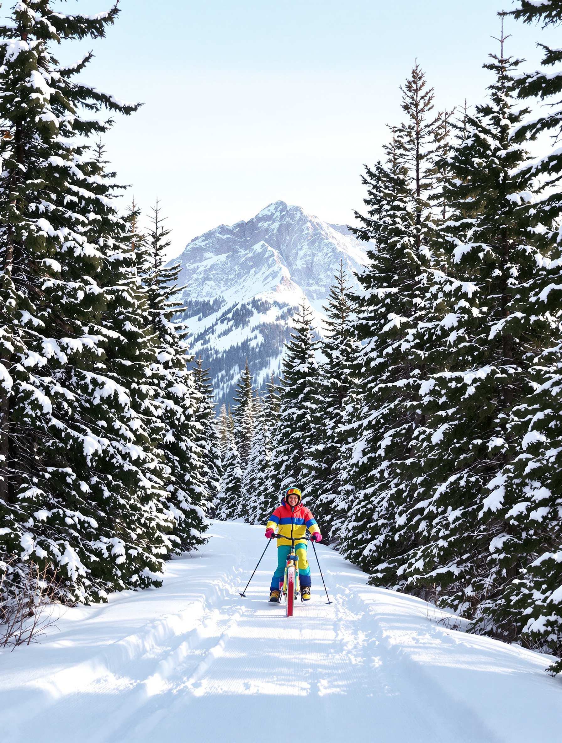 Ski vélo débutant sur chemin forestier enneigé avec vue sur montagnes et sapins