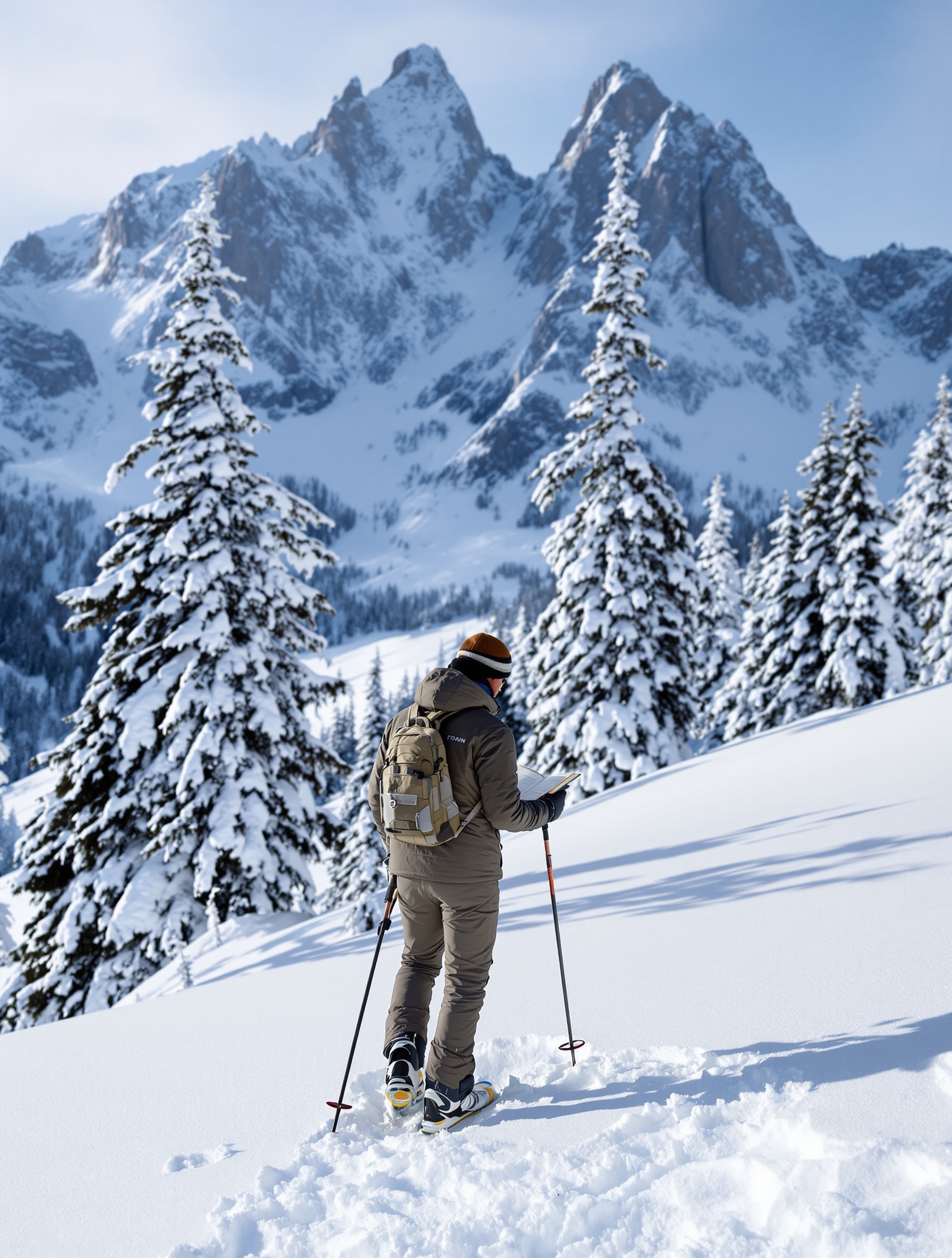 skieur contemplatif carnet neige poudreuse montagnes