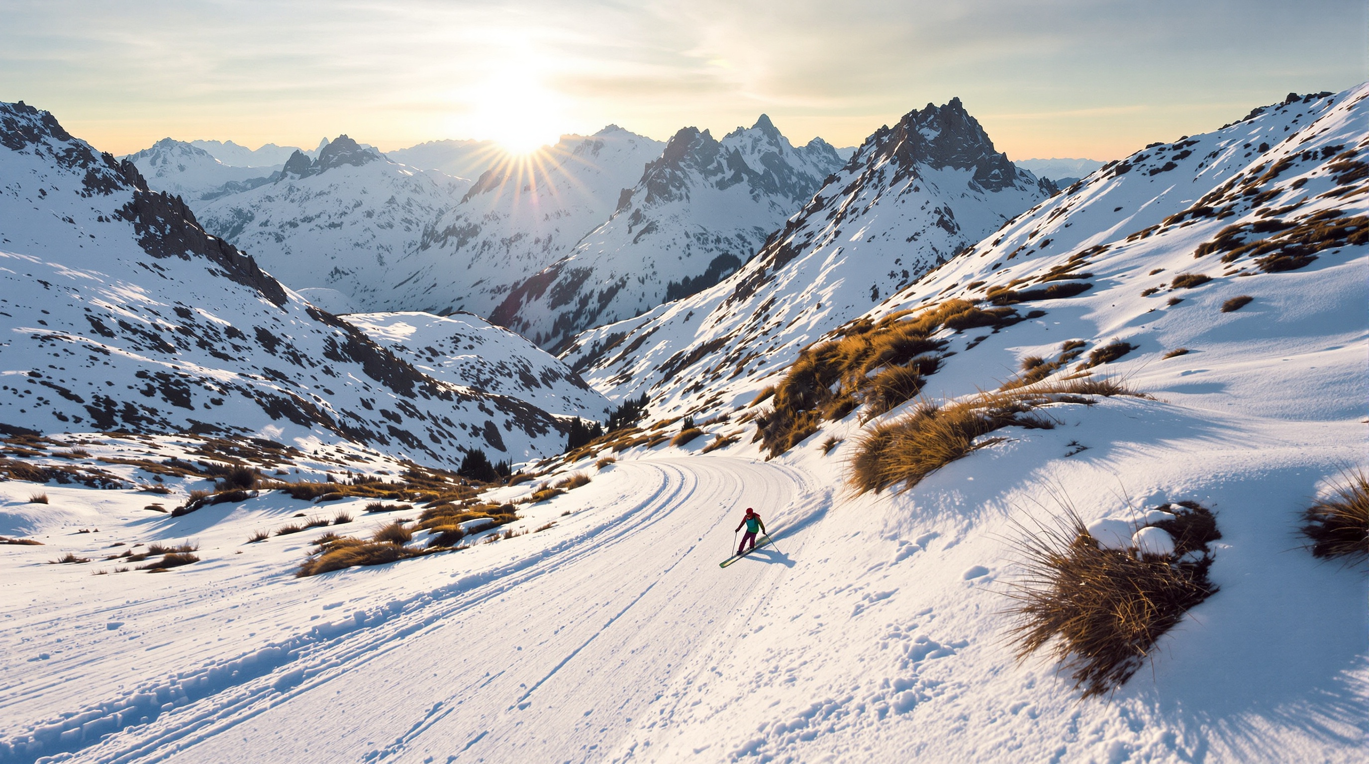 Skieur solitaire sur une piste peu fréquentée en début de saison aux Menuires