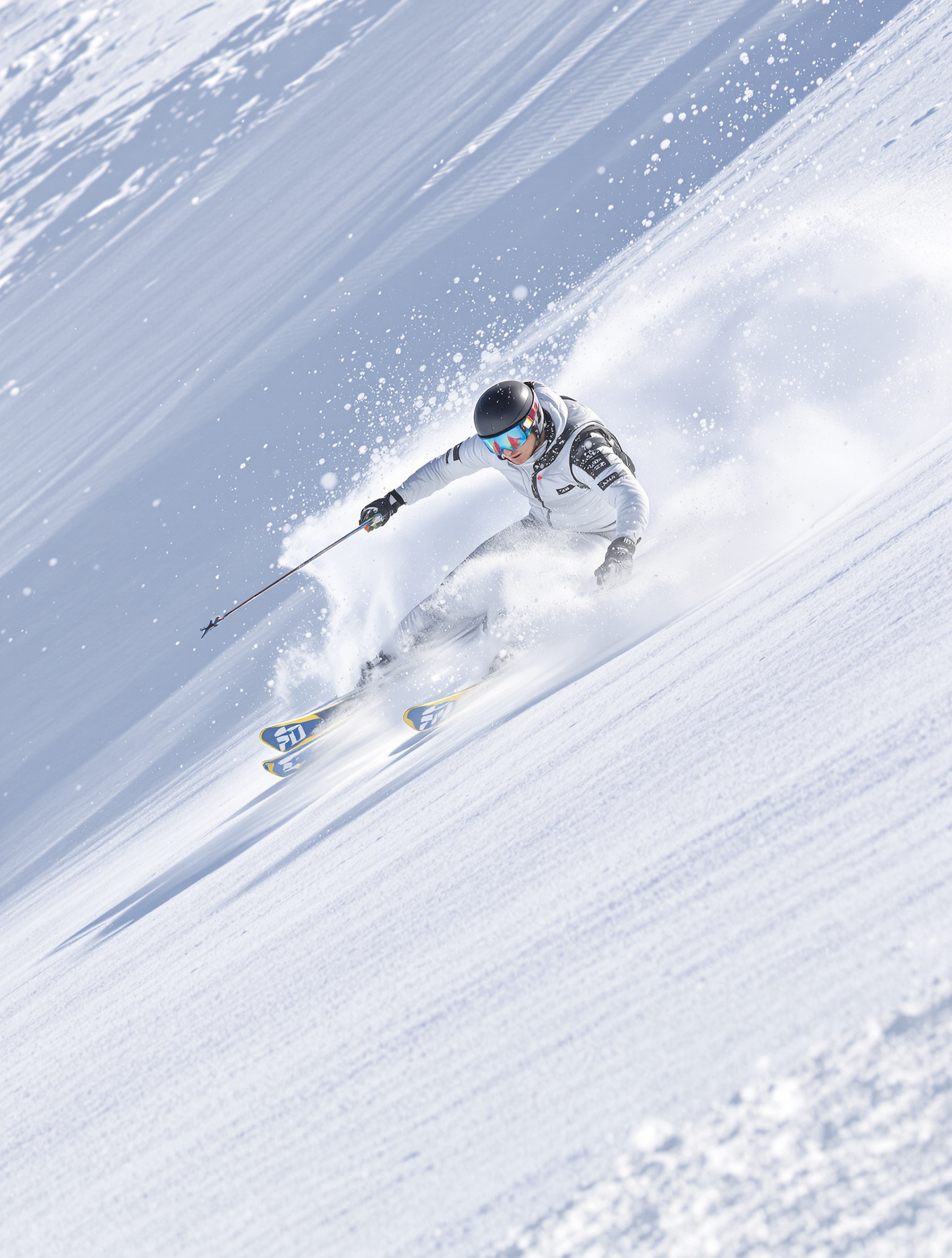 Skieur accentuant l’inclinaison du genou avec transfert franc sur ski extérieur – illustration pédagogique prise de carre.