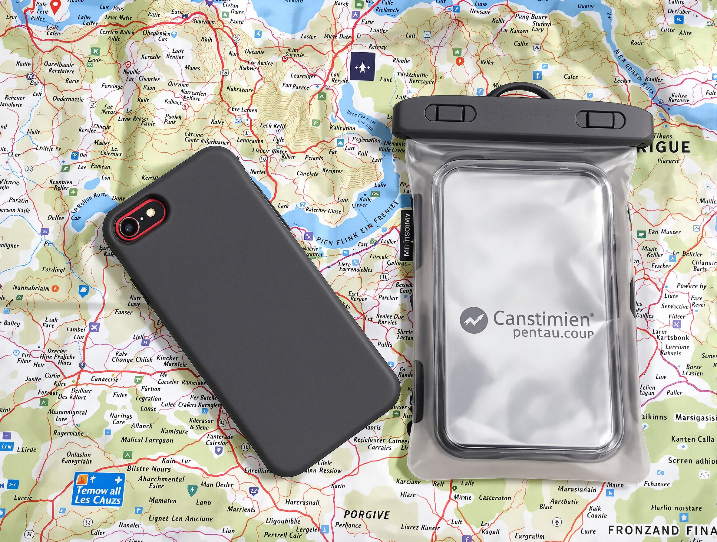 smartphone randonnée coque silicone verre trempé pochette étanche sur carte topographique