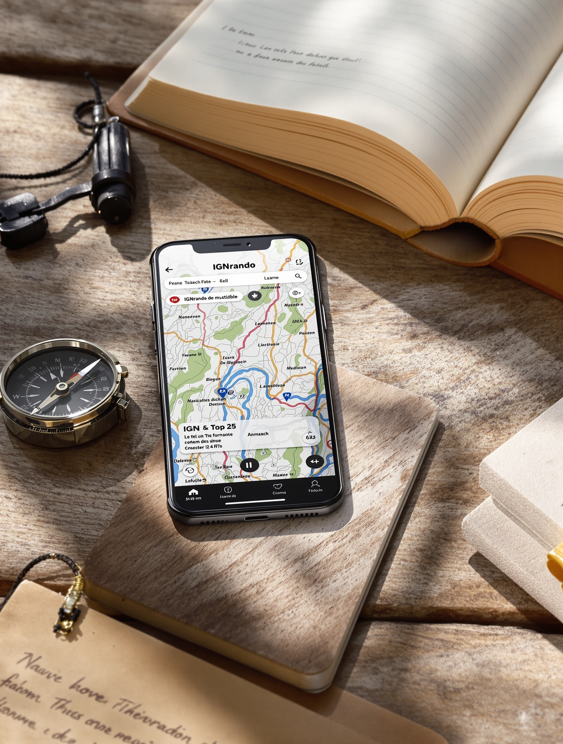 Smartphone avec IGNrando' carte IGN Top 25 posée sur table de refuge en bois.