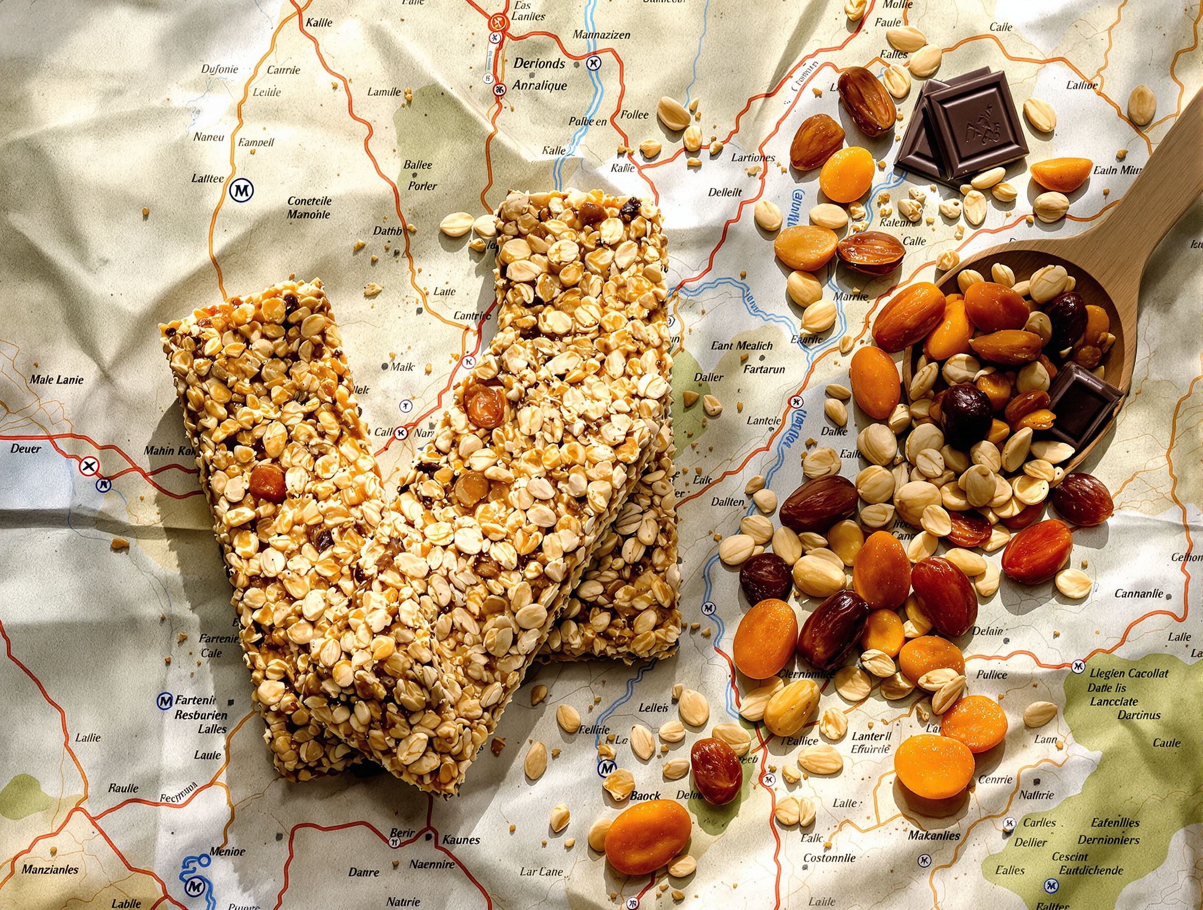 Snacks maison pour randonneurs posés sur une carte IGN – barres d’avoine artisanales, mélange de noix et fruits secs avec chocolat noir.