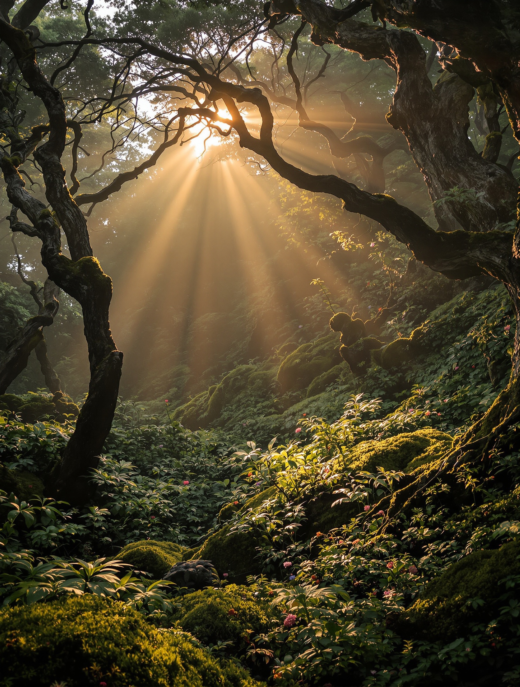 Sous-bois corse au lever du soleil avec plantes endémiques rares