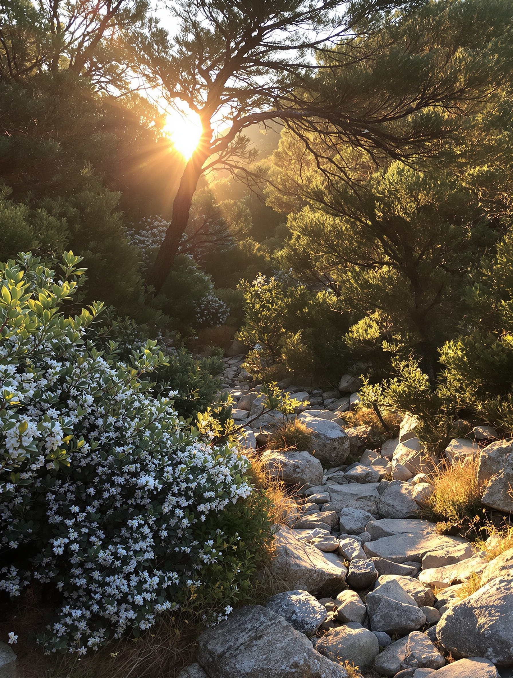 Sous-bois corse au lever du soleil avec plantes endémiques rares