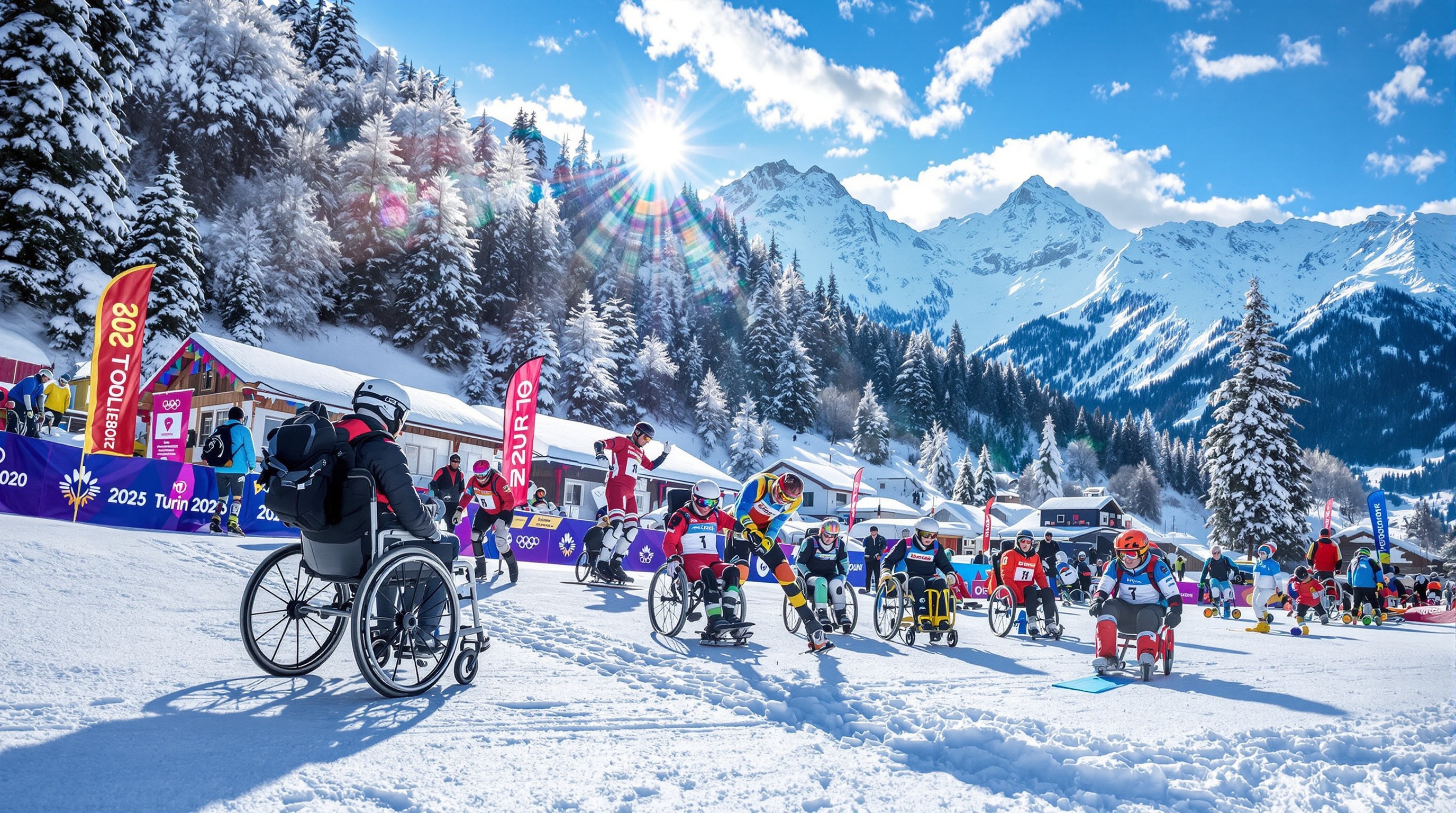 Athlètes en pleine action lors des Jeux Mondiaux d'Hiver Special Olympics Turin 2025 – ski alpin, patinage, floorball et raquettes à neige.