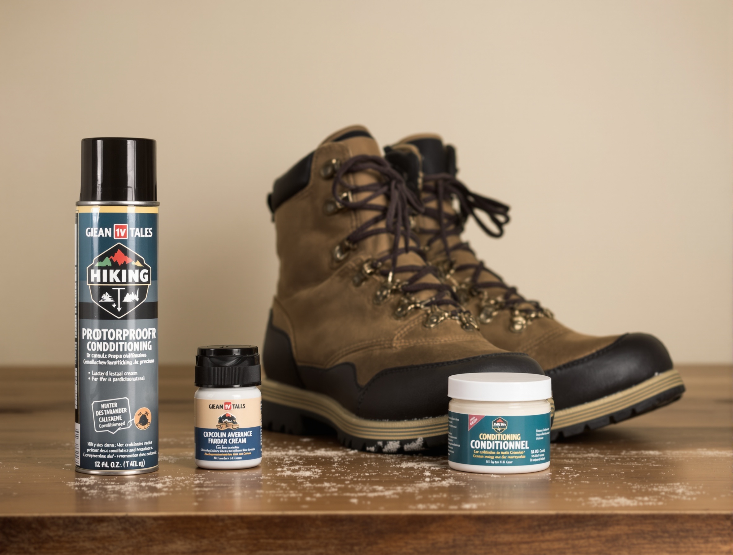 Spray imperméabilisant et crème posés près de chaussures propres.