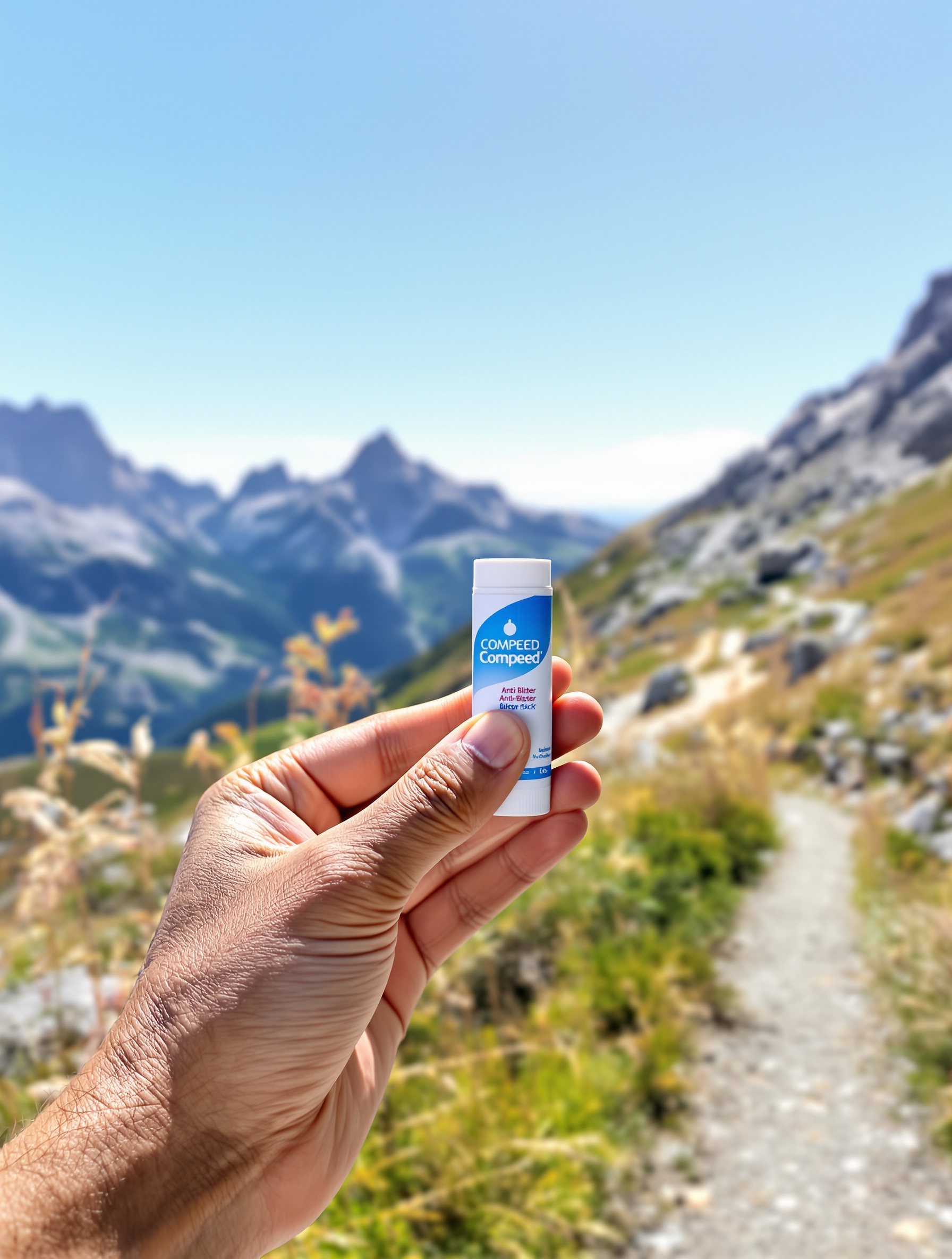 Le Stick Anti-Ampoules Compeed®, l'outil de prévention indispensable, tenu dans la main d'un randonneur avec en arrière-plan un sentier de montagne prometteur.