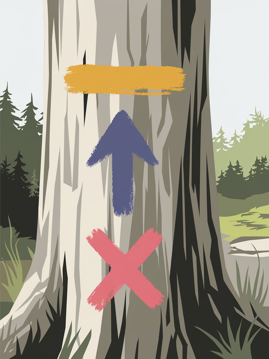 Les trois symboles principaux du balisage FFRandonnée sur un tronc d'arbre : trait horizontal (= continuer), flèche (= changer de direction), croix (= mauvaise direction).
