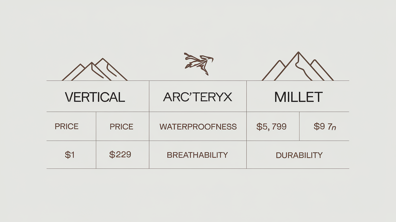 Tableau comparatif des caractéristiques des vêtements de montagne : Vertical, Arc'Teryx, Millet