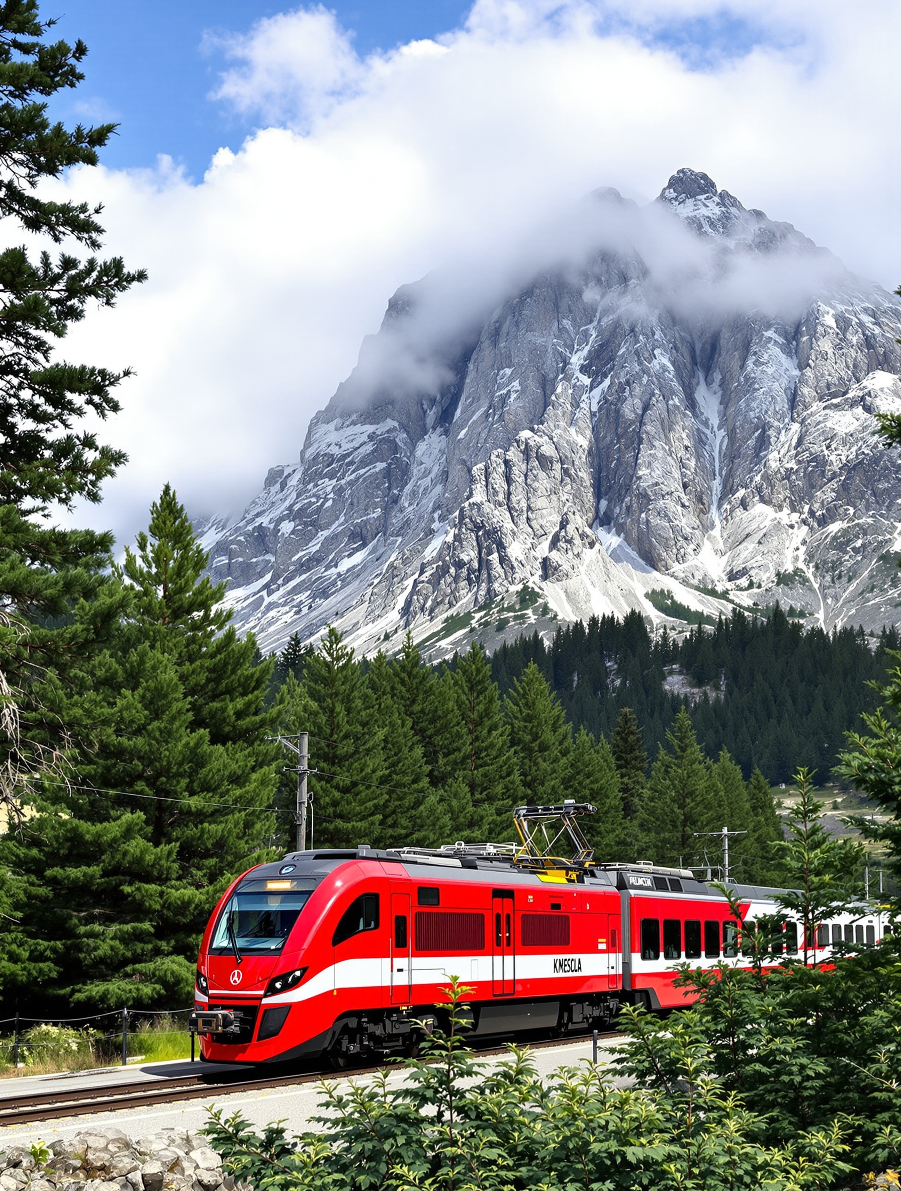 Trinichellu rouge et blanc à quai à Vizzavona entouré de pins et du Monte d'Oro en fond