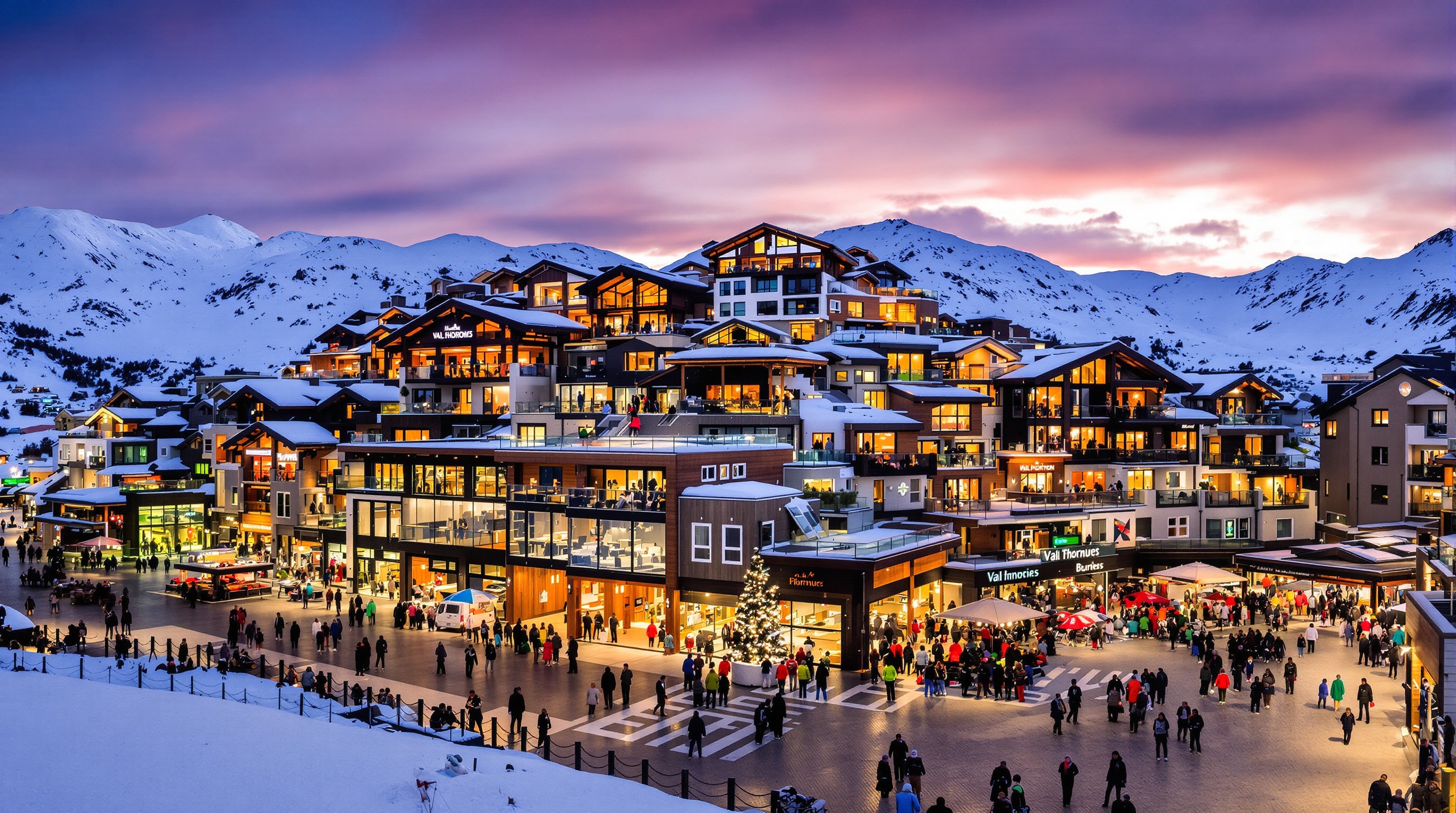 Vue crépusculaire sur le village moderne de Val Thorens, bâtiments contemporains en terrasse, skieurs déambulant en après-ski, lumières chaleureuses, ambiance festive et conviviale sur fond de montagnes enneigées.
