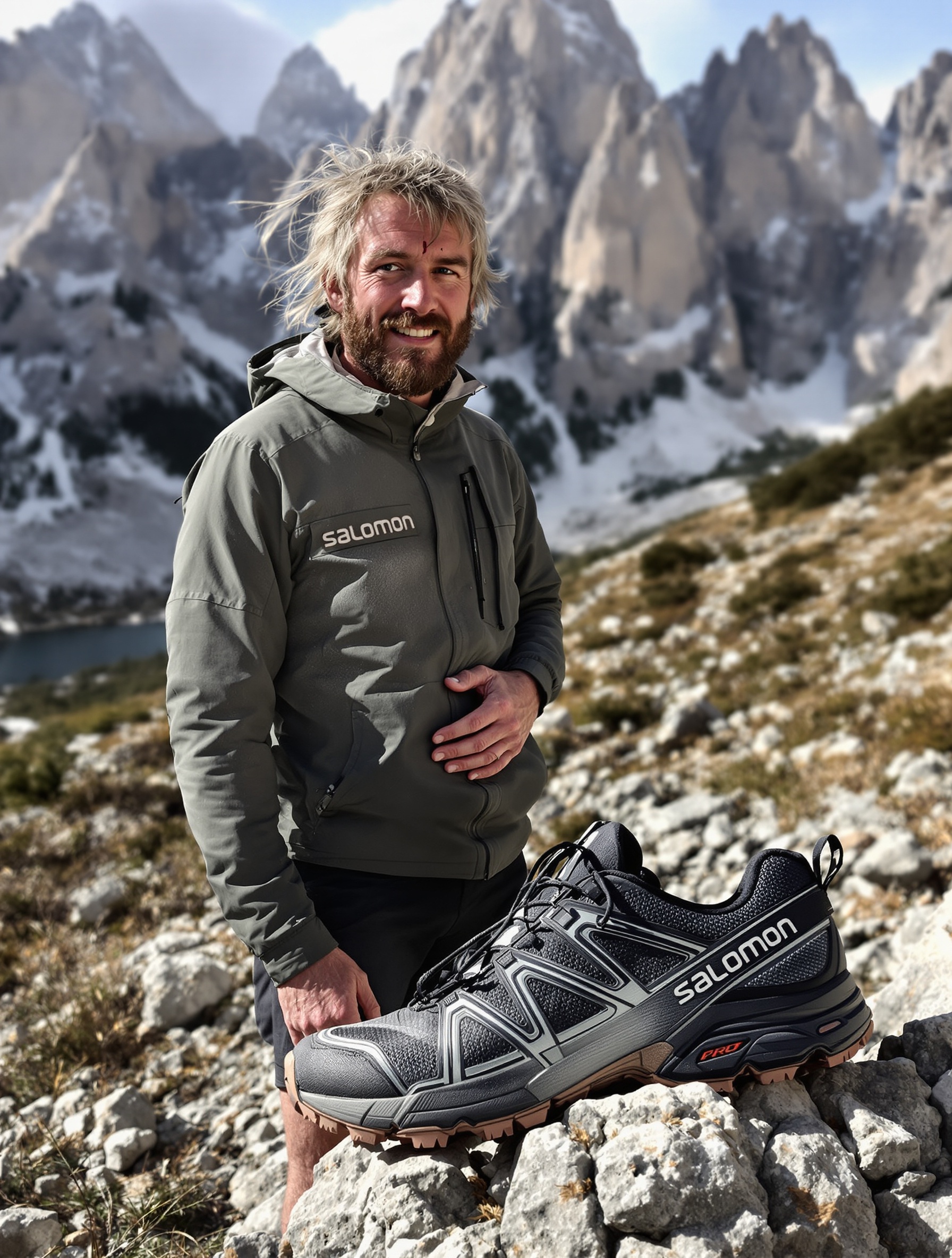 vieux briscard du trail à côté d'un Salomon Sense Pro, décor montagneux, style reportage terrain