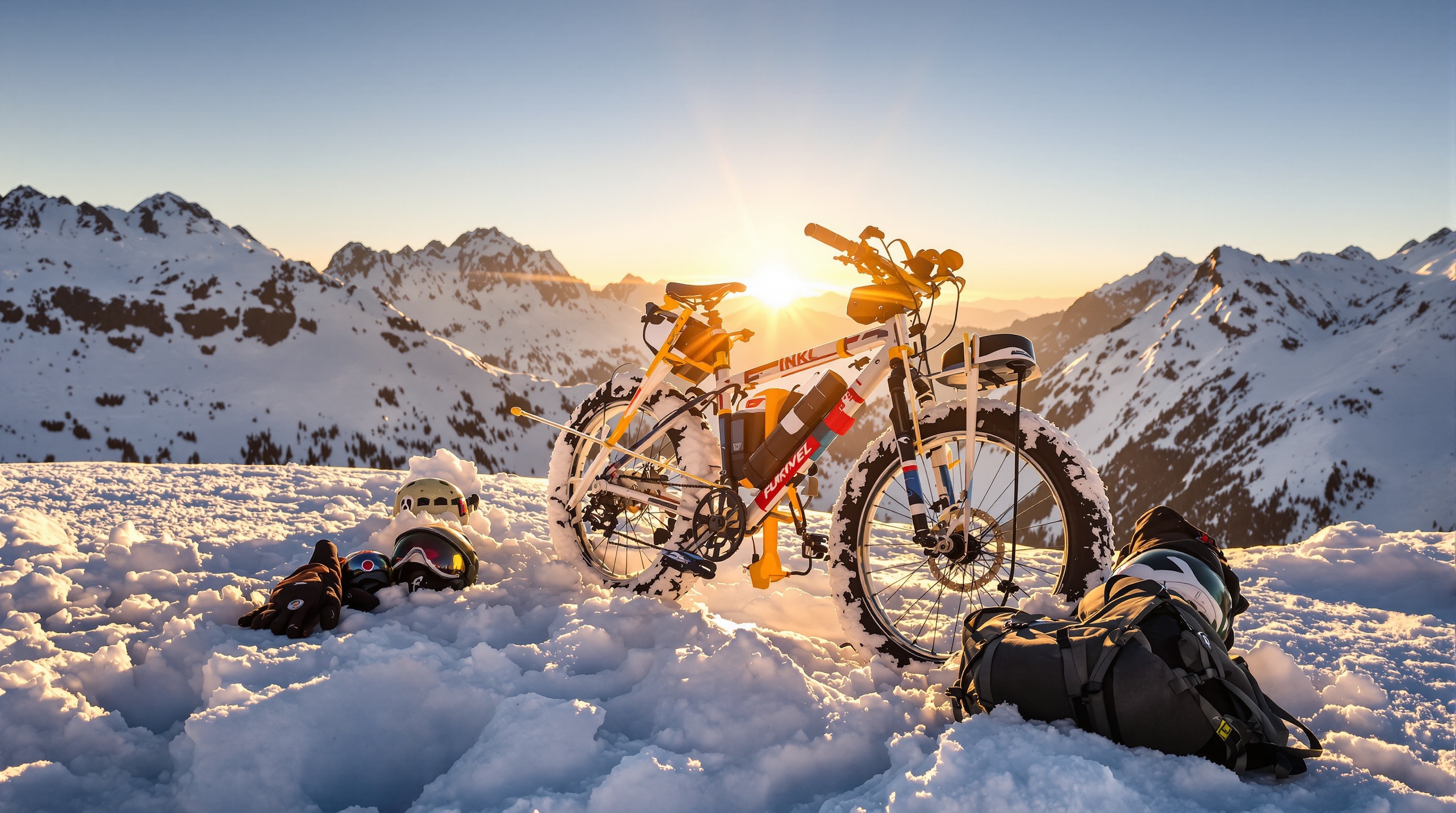 Un VTT vintage transformé en ski vélo au sommet enneigé à l’aube