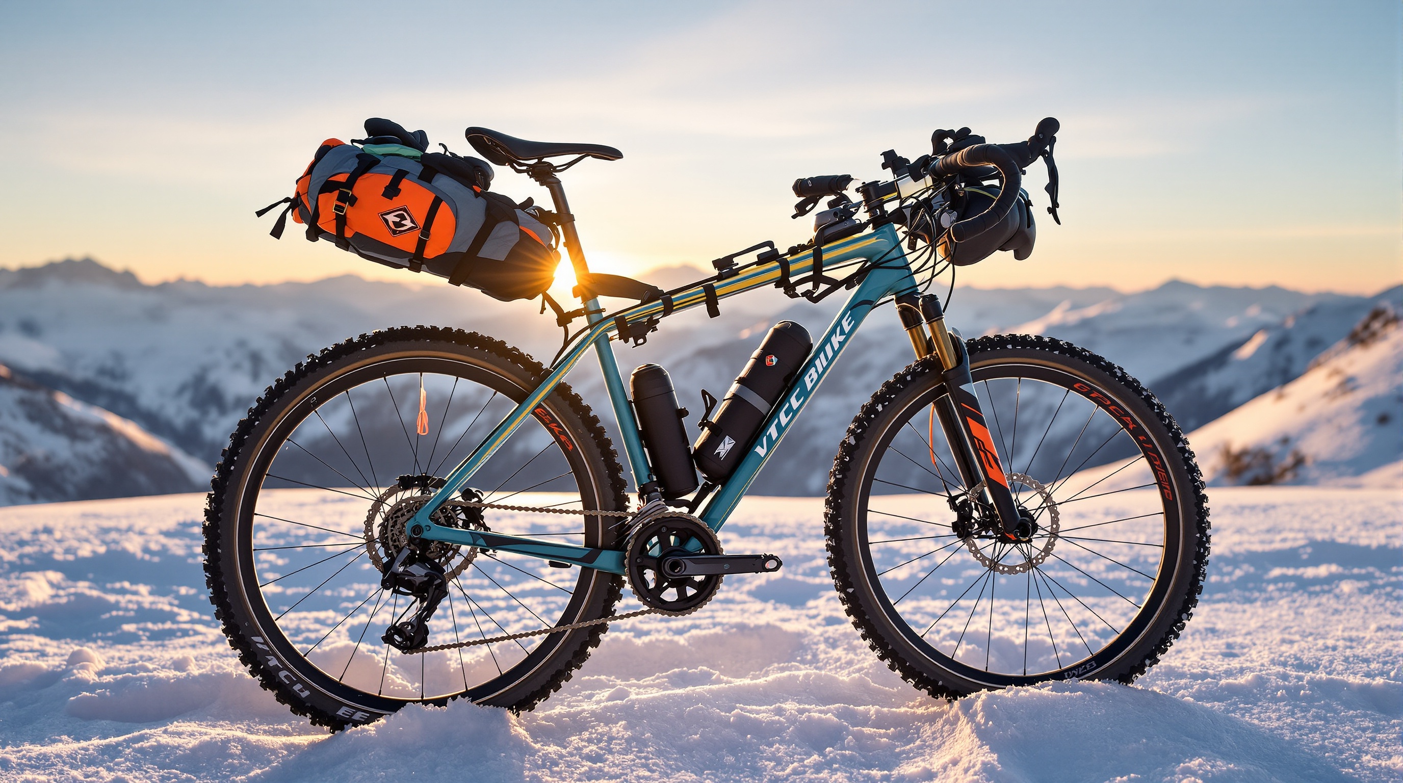 VTC ou gravel bike transformé en ski vélo avec skis fixés solidement et accessoires hiver sur fond alpin enneigé