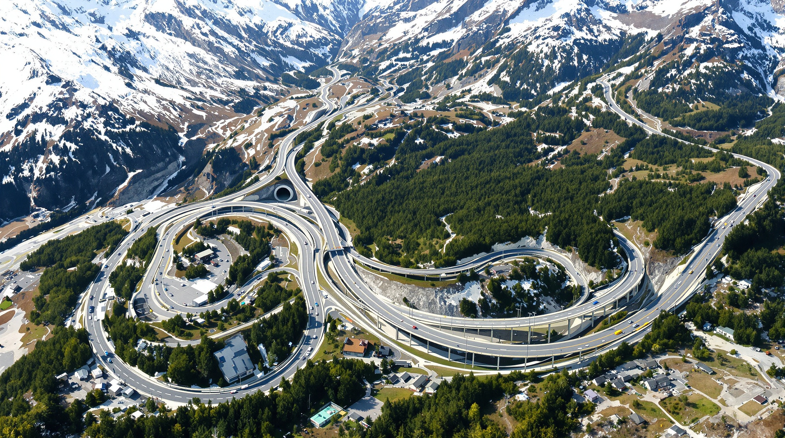Vue aérienne du réseau autoroutier autour de Chambéry mettant en évidence les routes qui longent et traversent le relief alpin