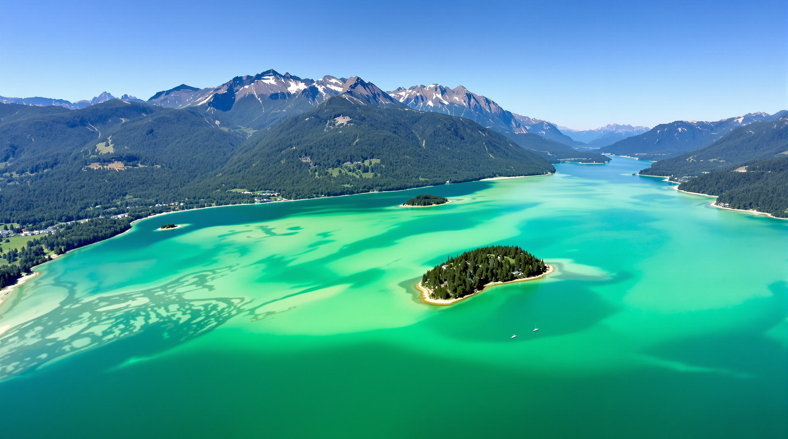 Vue aérienne du lac d'Aiguebelette, eaux turquoise, îles et montagnes
