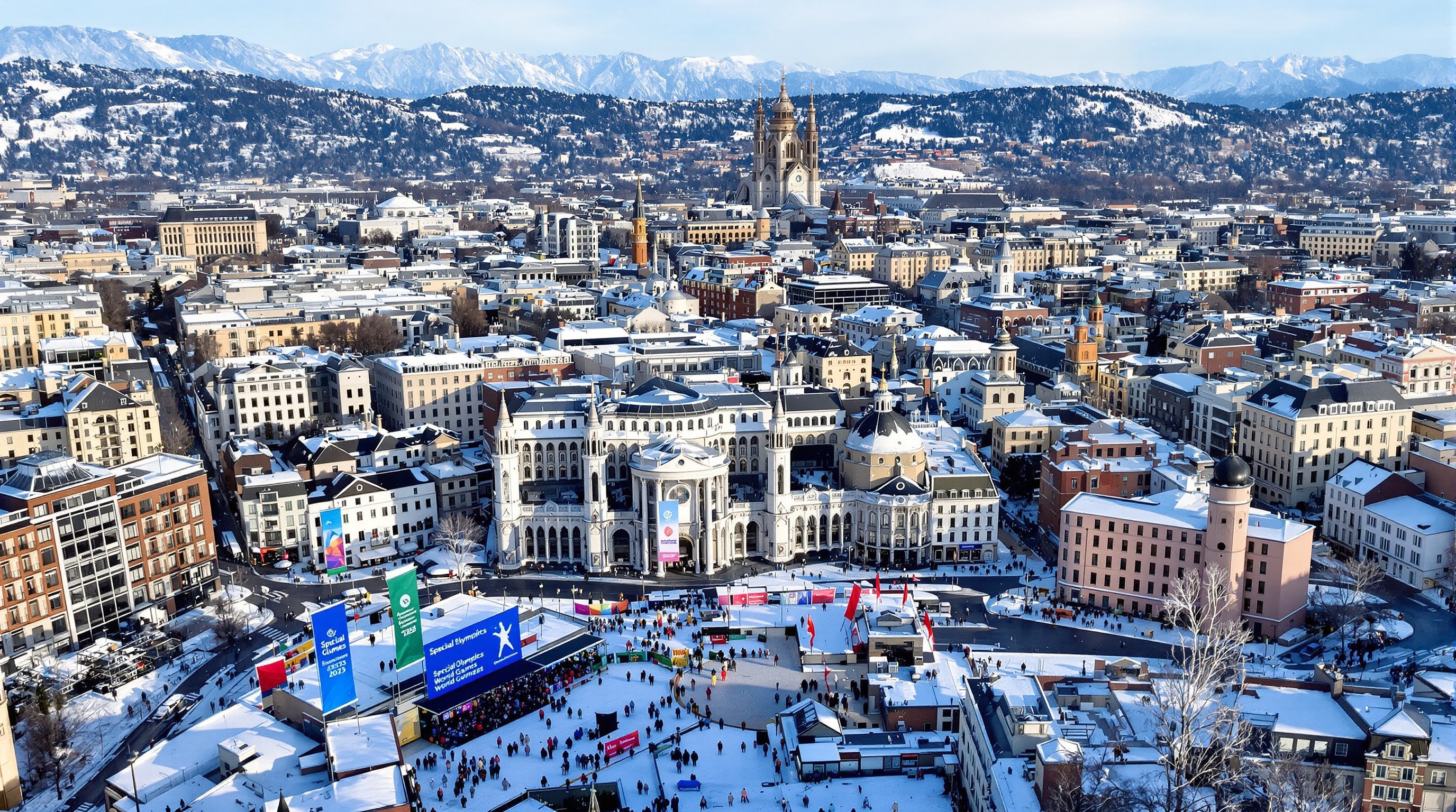 Vue aérienne de Turin, Italie, ville hôte des Jeux Mondiaux d'Hiver Special Olympics 2025.
