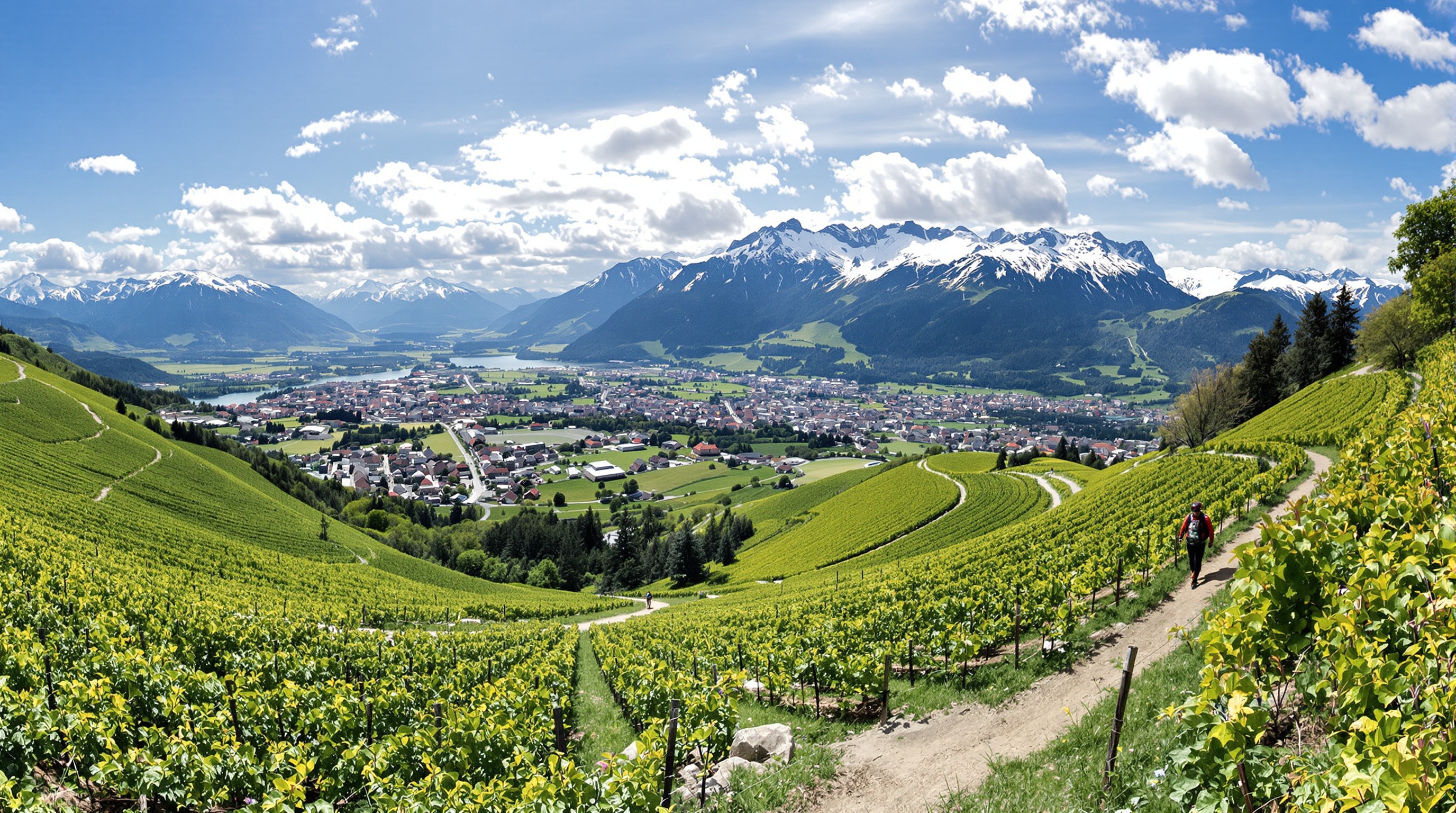 Vue sur Chambéry au printemps avec vignobles en pentes et montagnes