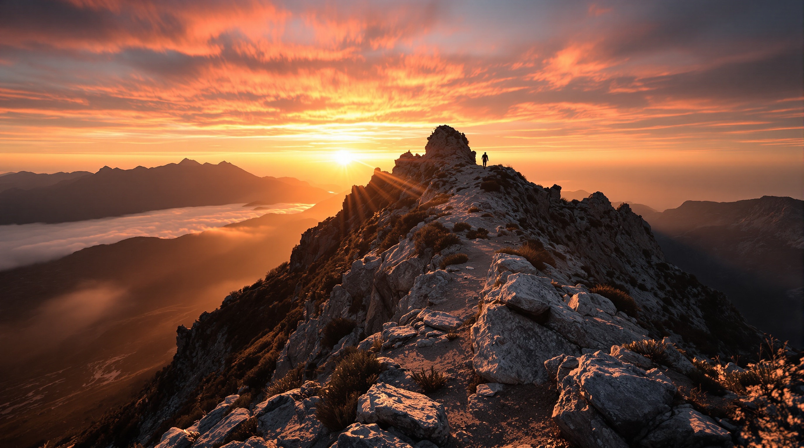 Vue inspirante sur les crêtes du GR20 au lever du soleil avec un coureur solitaire