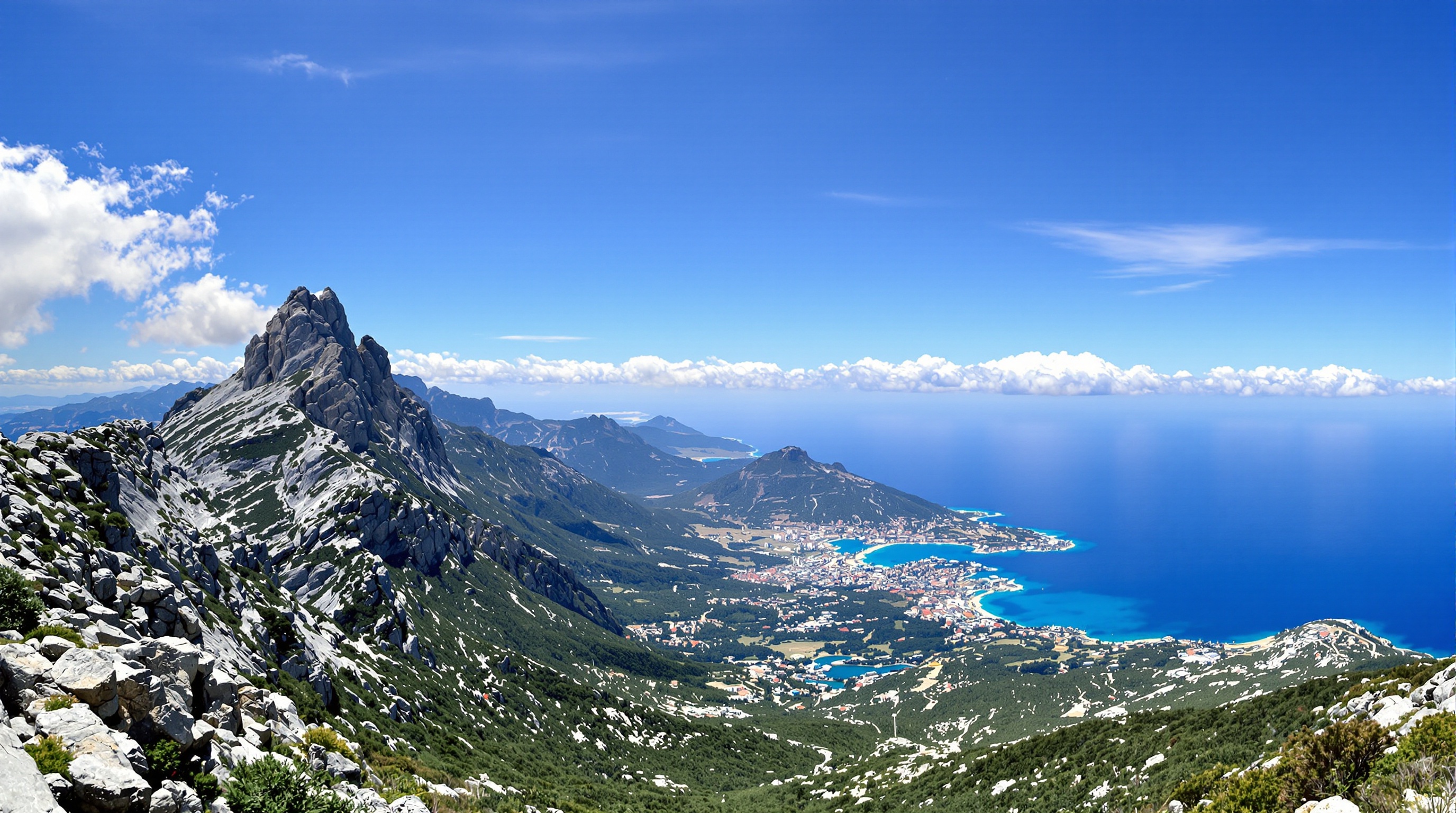 Vue spectaculaire depuis le sommet du Monte d’Oro avec chaînes montagneuses corses et le Monte Rotondo en arrière-plan.