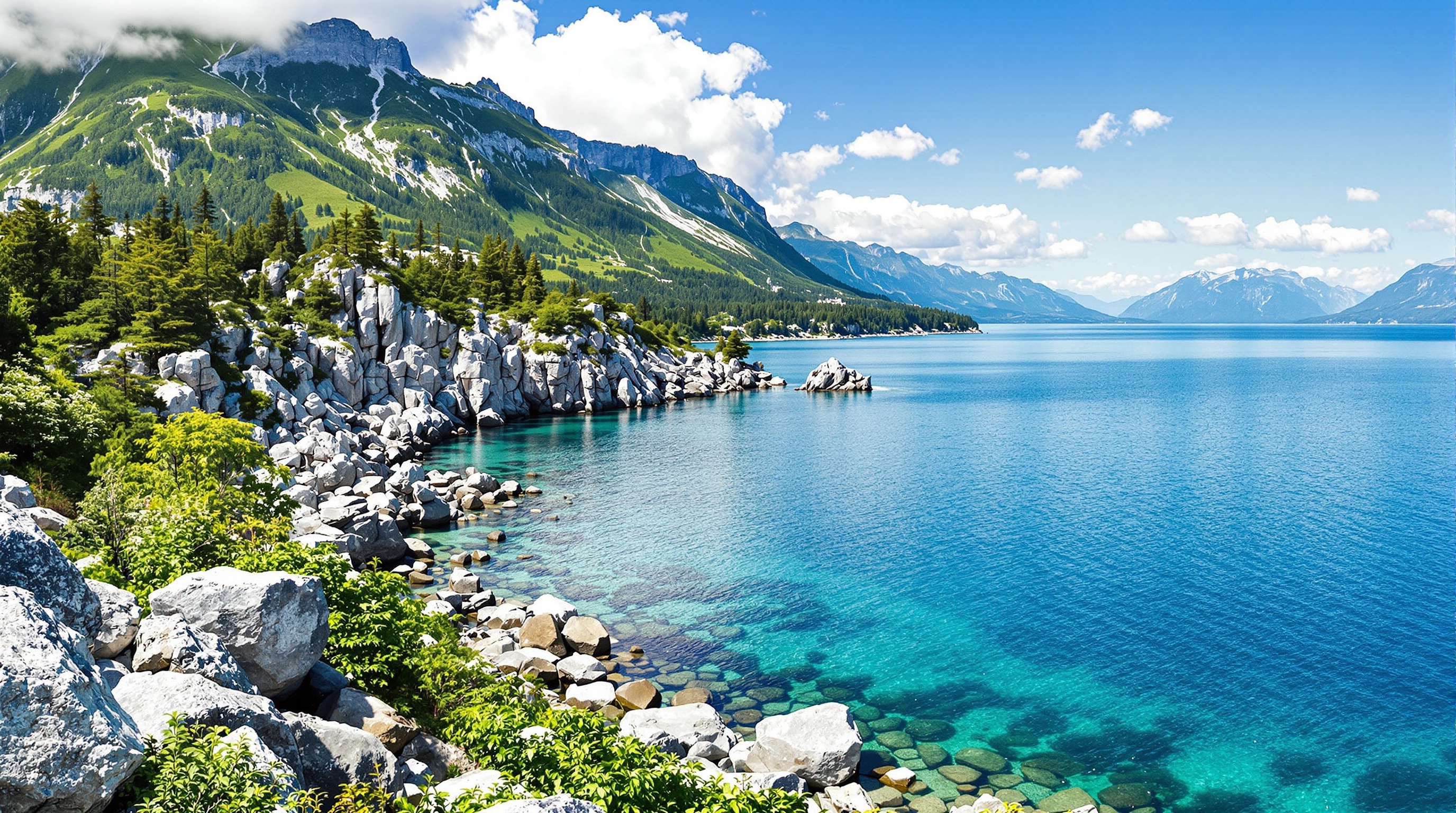 Vue panoramique du Lac du Bourget mettant en évidence la géographie des rives, entre montagnes et étendue d'eau, avec un focus sur les formations rocheuses caractéristiques.