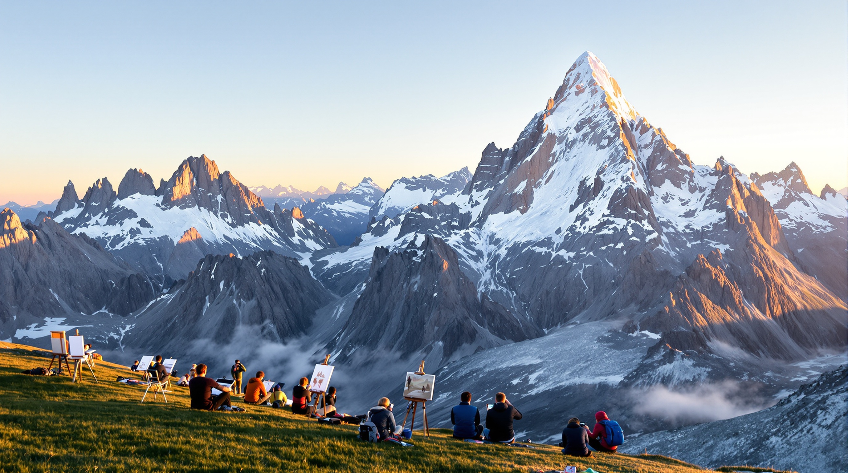 Vue panoramique du Massif du Mont-Blanc avec artistes et randonneurs