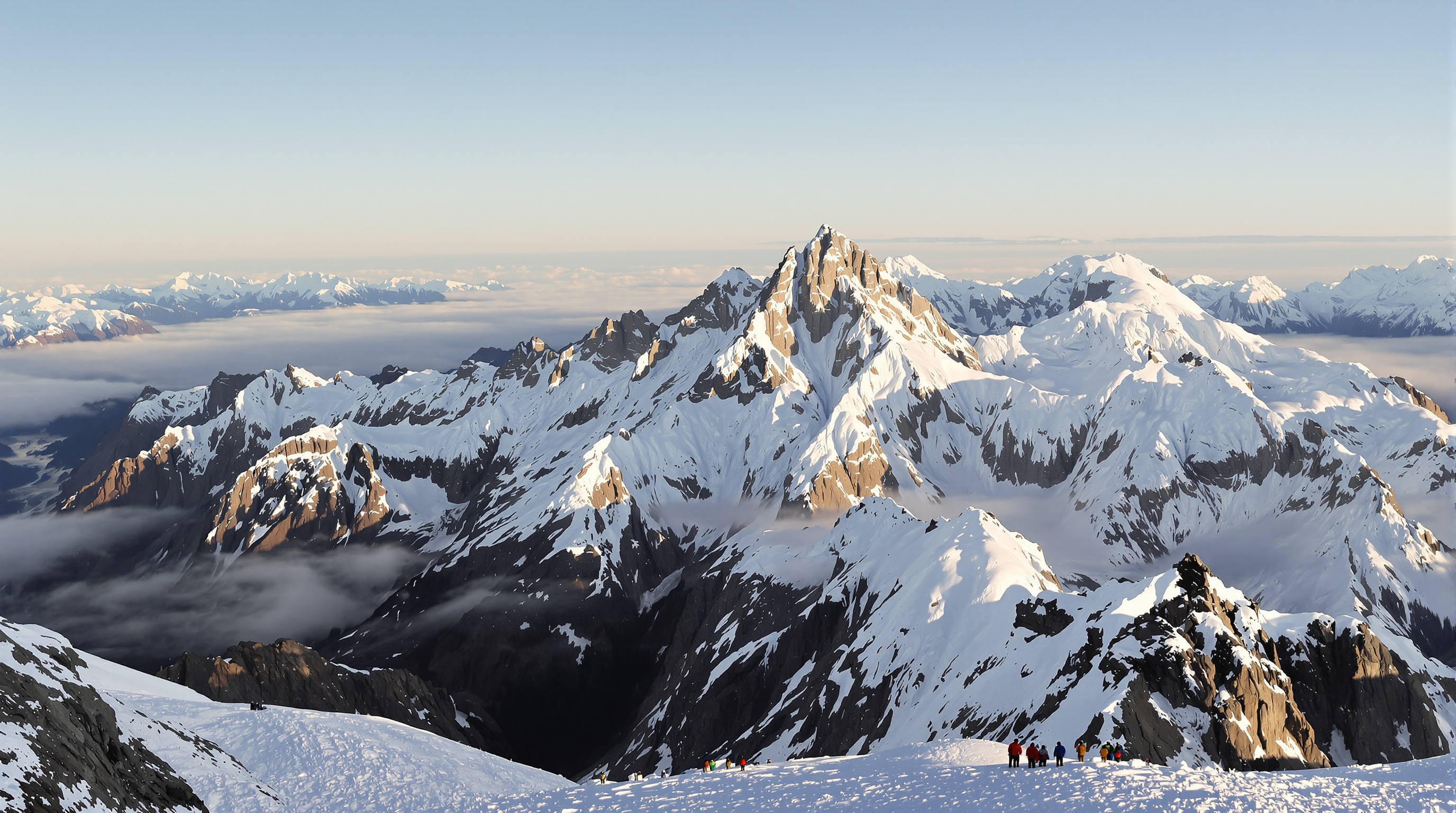 Vue panoramique spectaculaire du Mont Blanc depuis un point élevé, avec des alpinistes en contrebas pour donner une échelle.