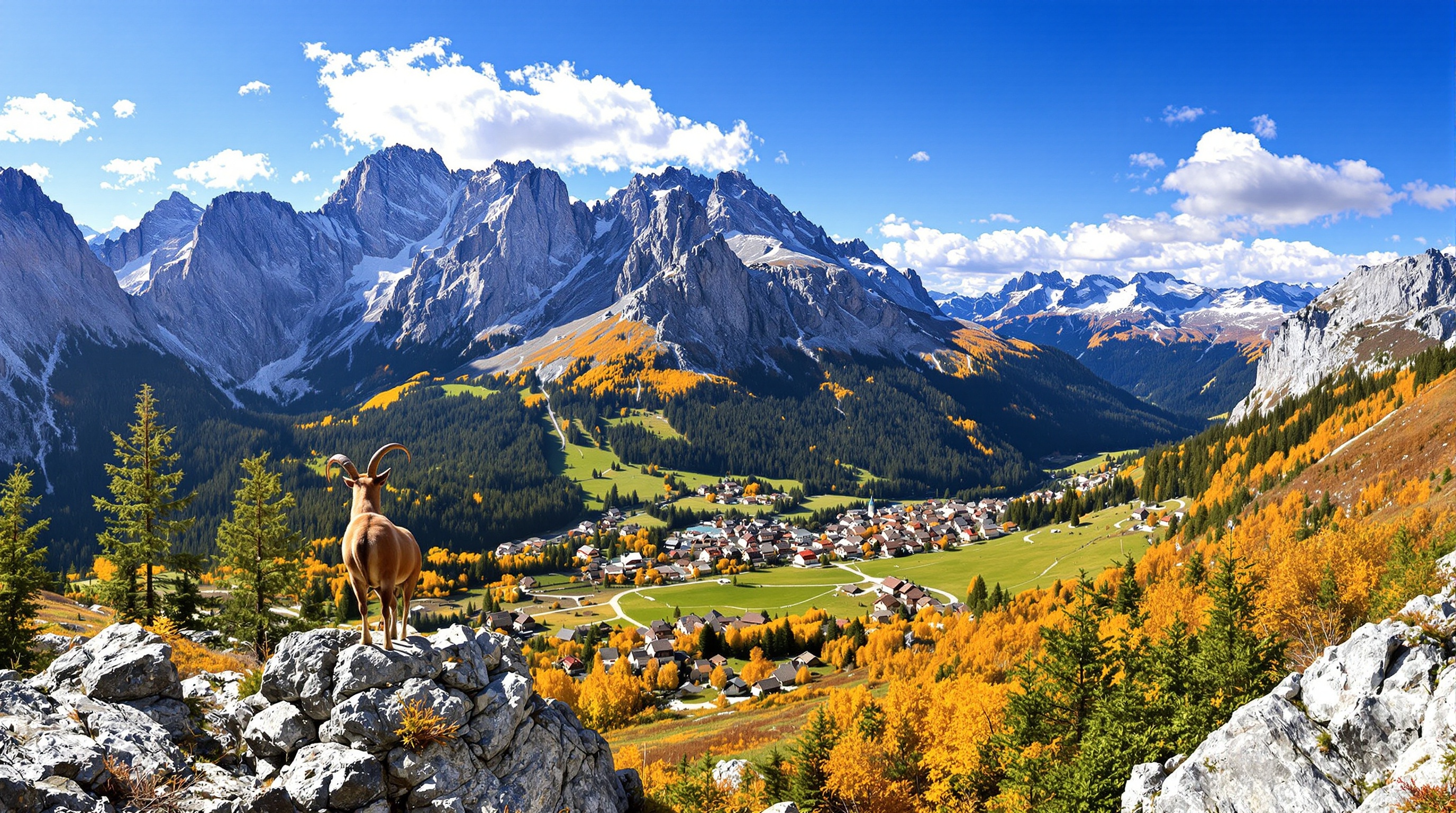Vue panoramique sur le Parc Naturel Régional du Queyras, montagnes escarpées, forêts de mélèzes, villages perchés comme Molines-en-Queyras et Saint-Véran, lumière montagnarde franche, chamois sur une crête