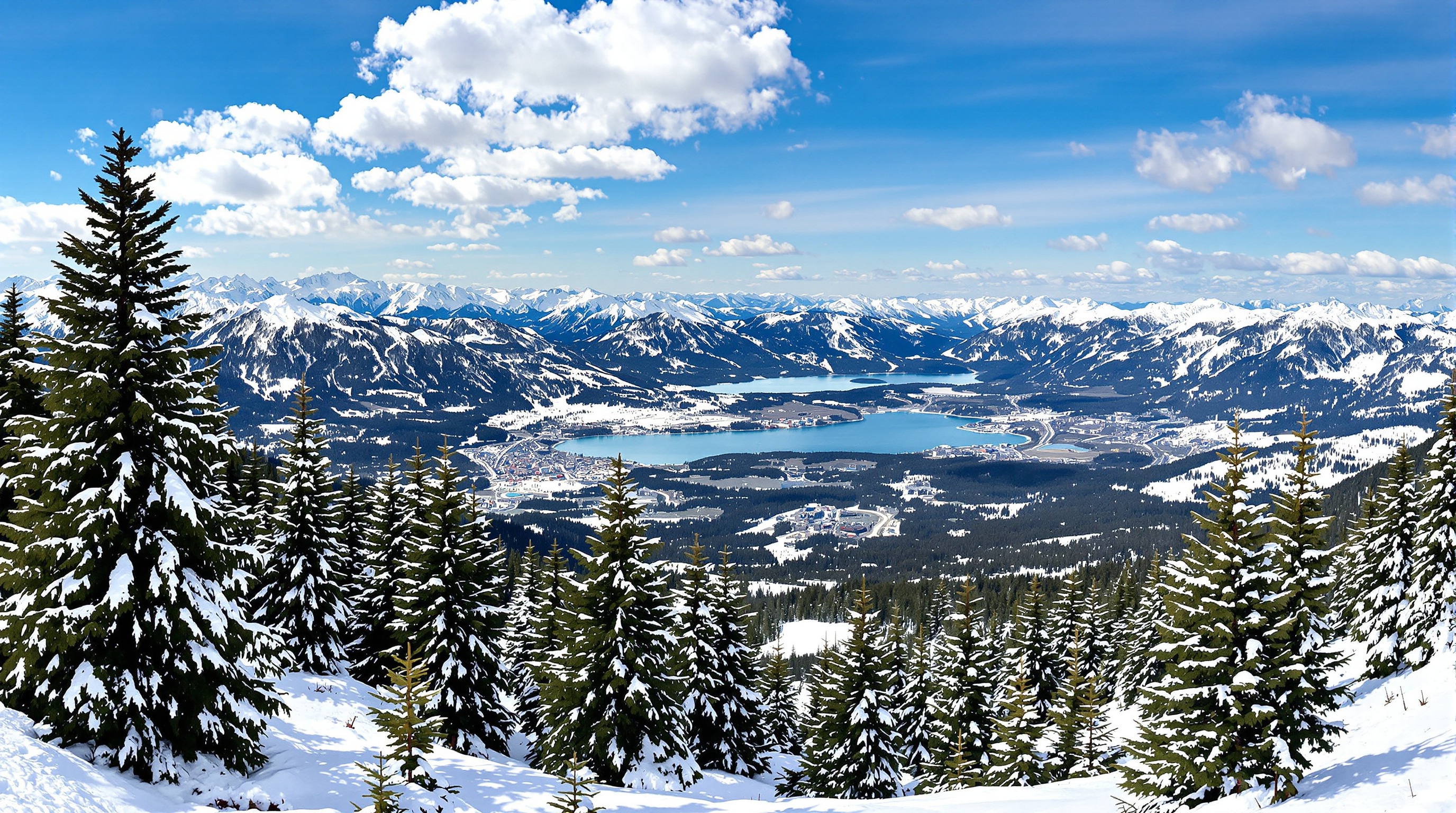 Vue panoramique depuis le sommet des pistes de La Féclaz sur le Massif des Bauges et le Lac du Bourget