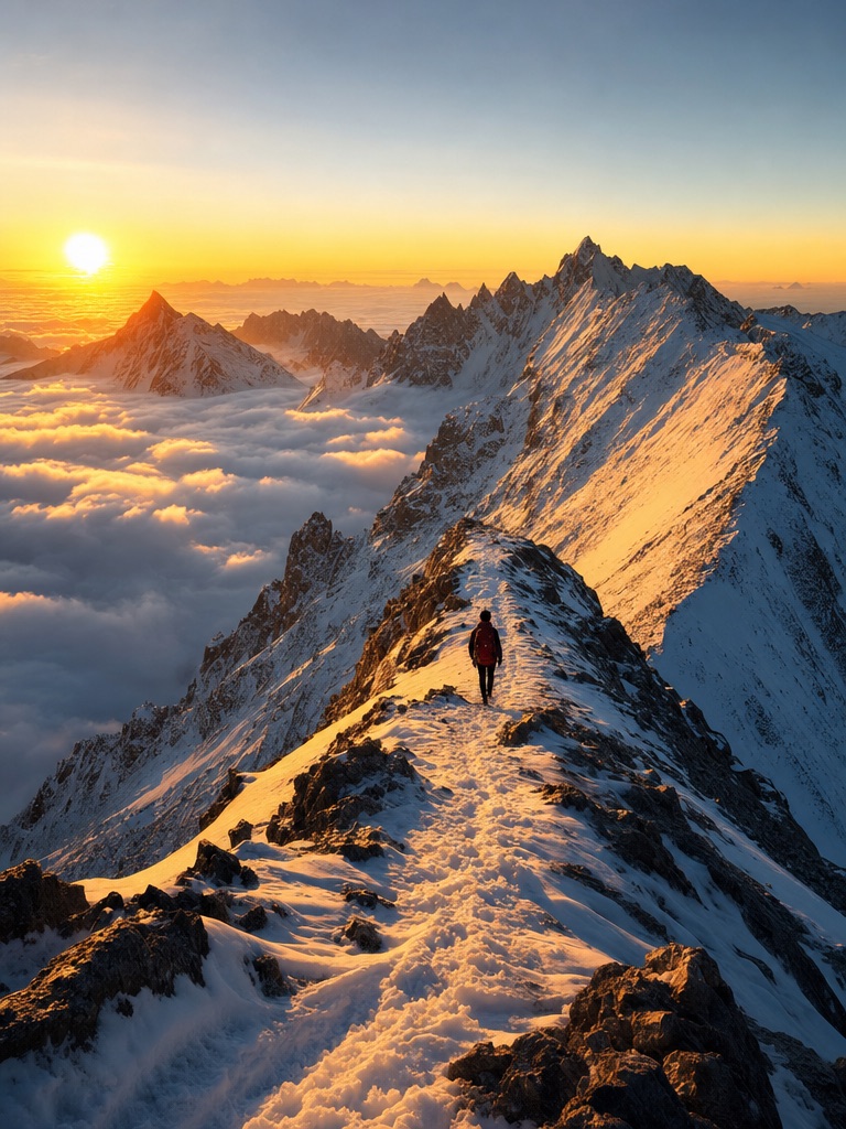 Un col alpin au lever du soleil, sentier franchissant la crête